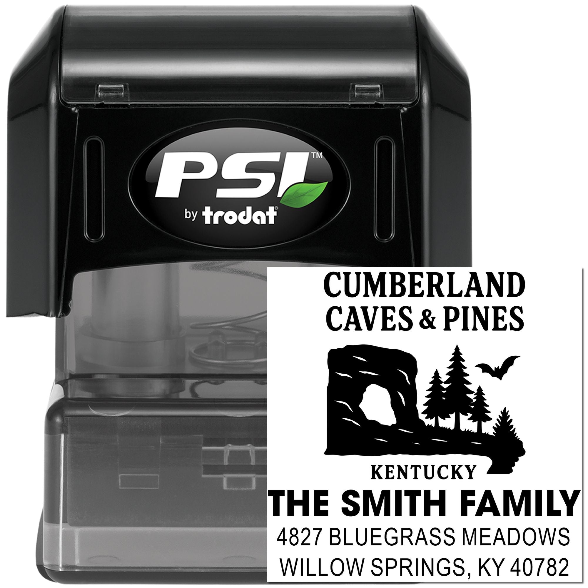 PSI by Trodat custom self-inking rubber stamp for Cumberland Caves & Pines, Kentucky, with The Smith Family return address.