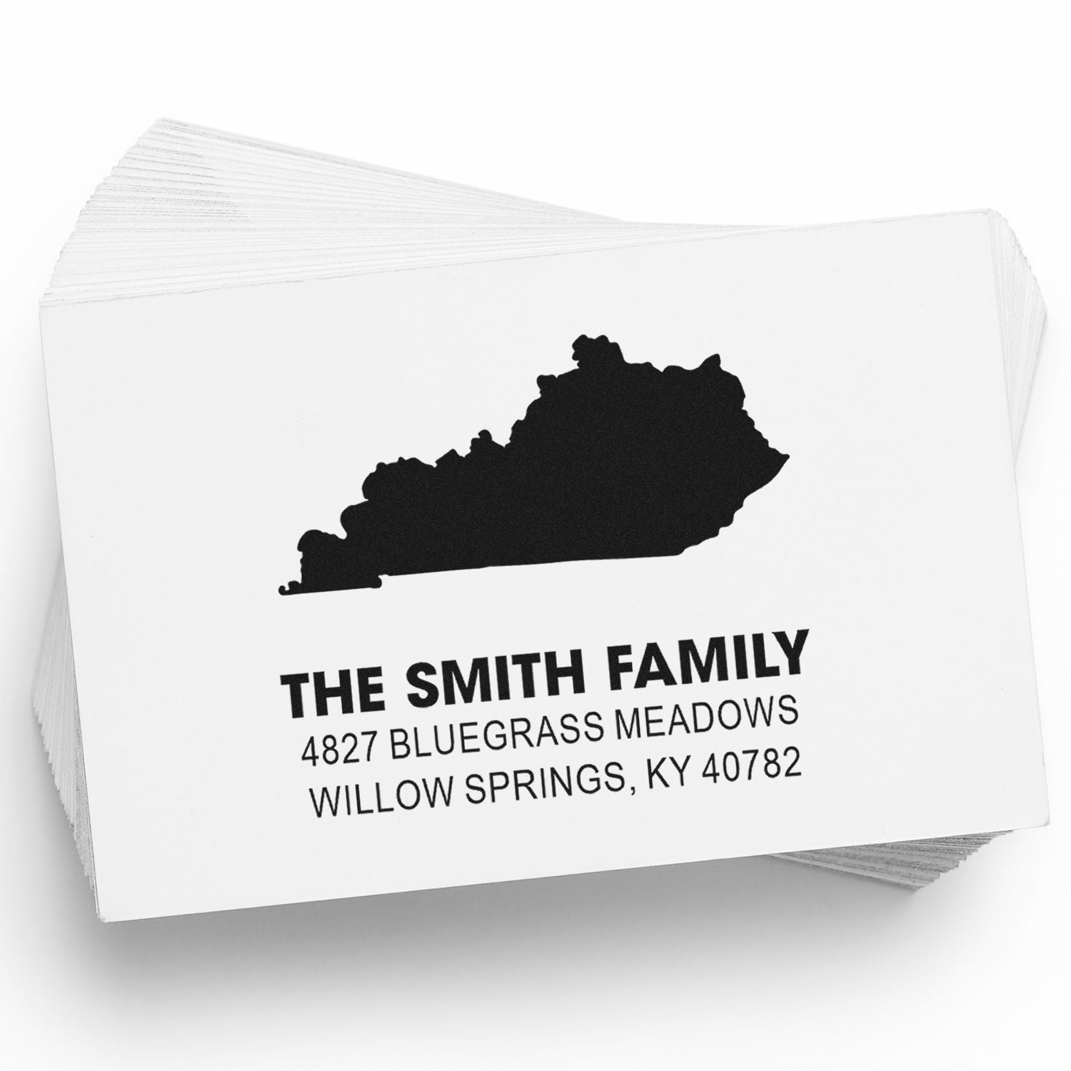 Personalized Kentucky return address rubber stamp with state silhouette, family name, and mailing address.