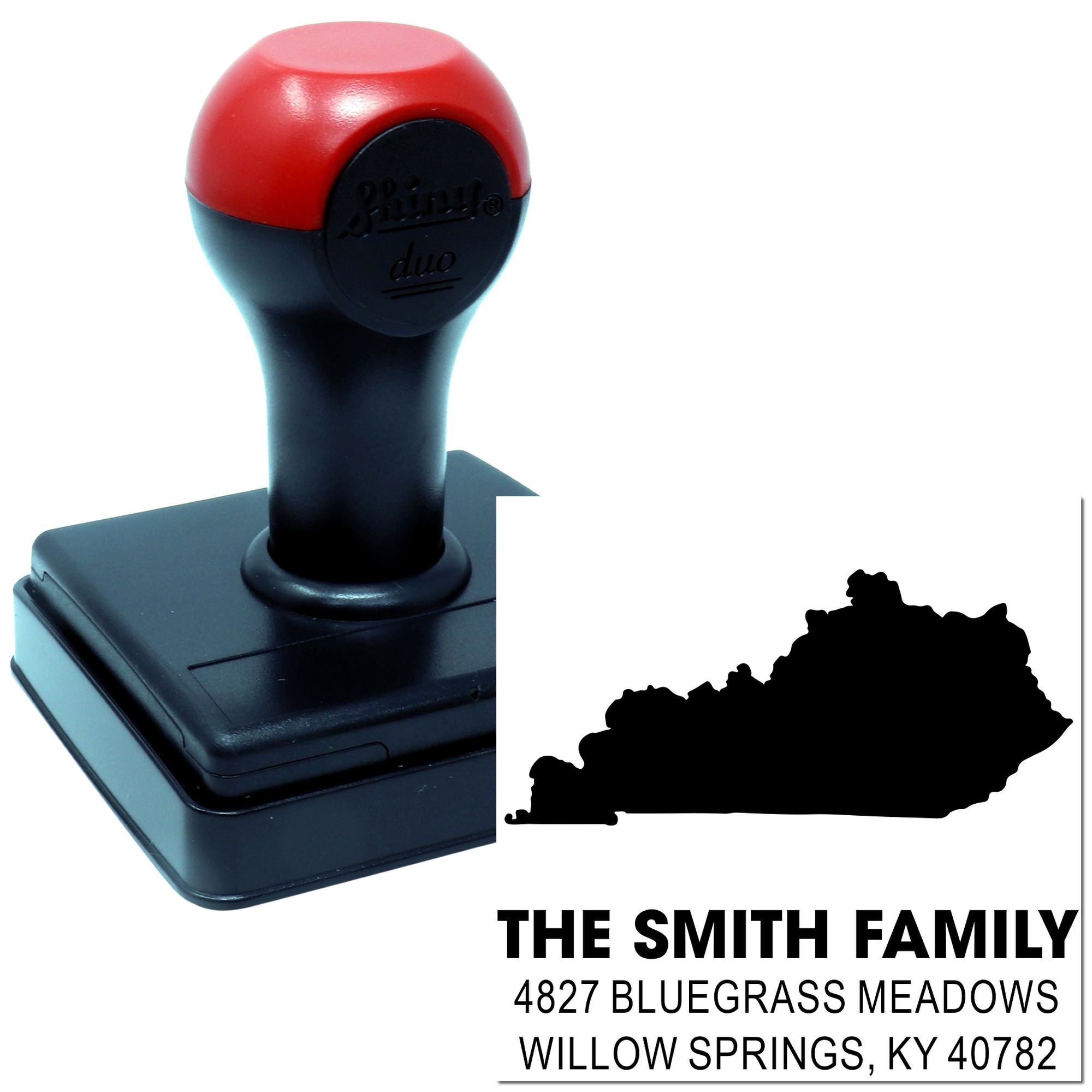 Custom self-inking Kentucky address rubber stamp for The Smith Family, with state silhouette and return address design.