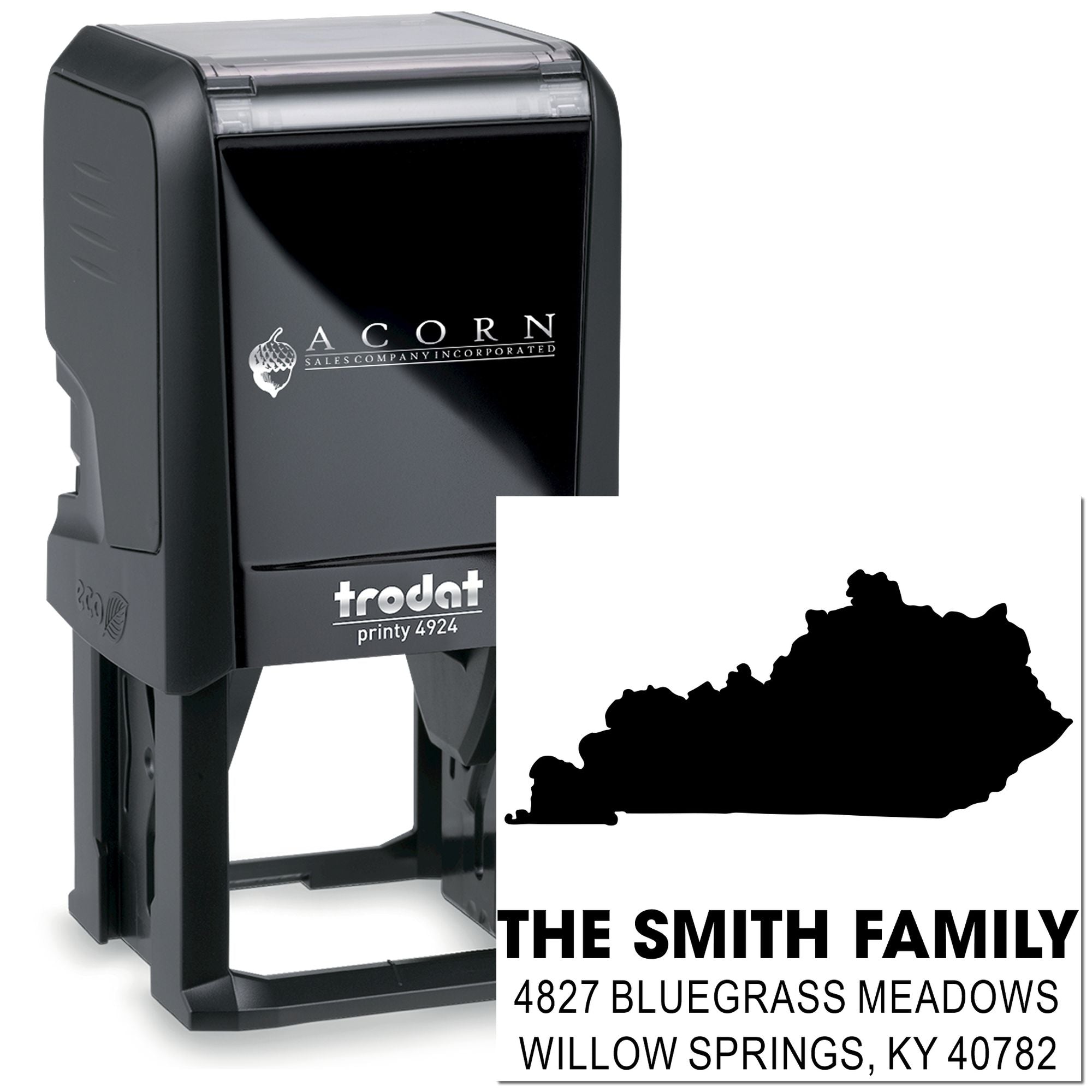 Custom self-inking rubber stamp with Kentucky silhouette and Smith Family address for personalized mailing labels.