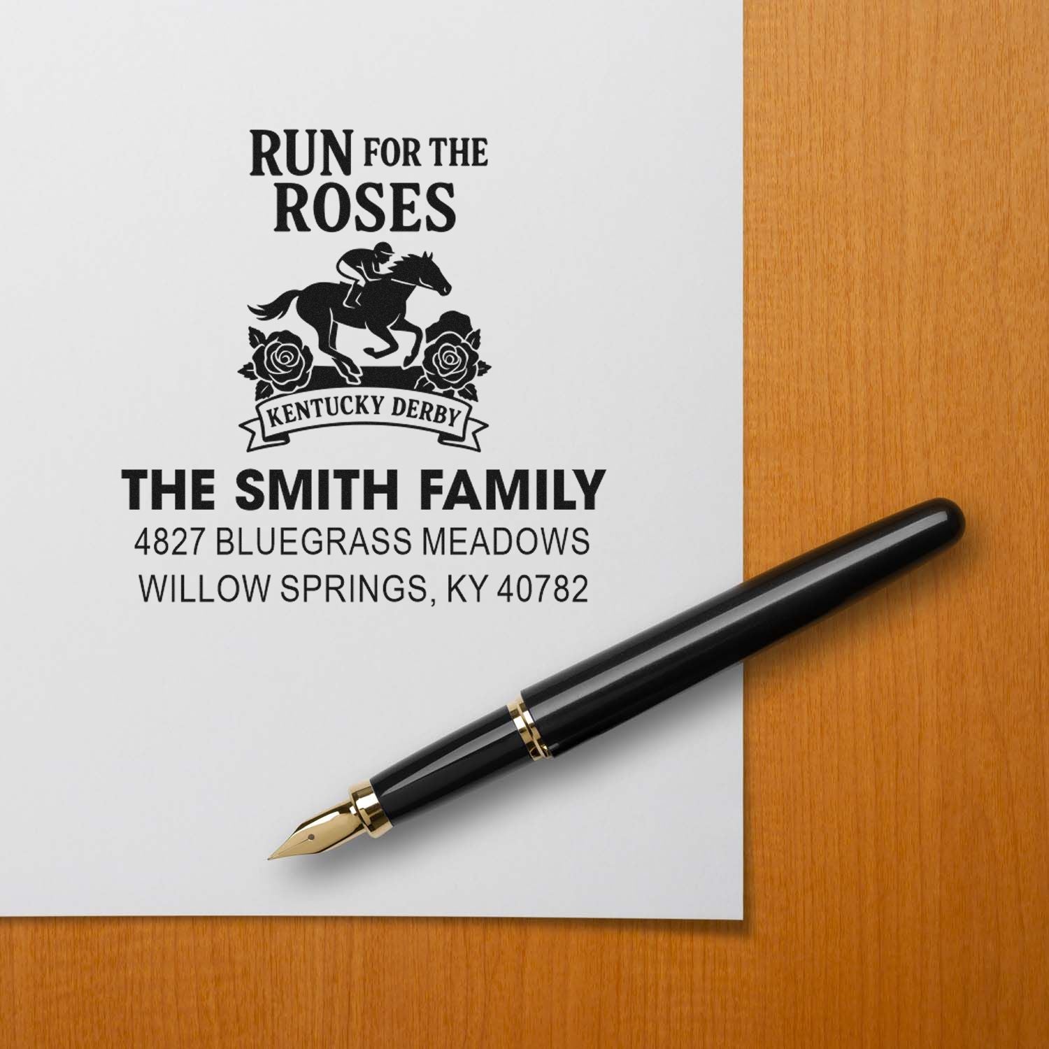 Custom Kentucky Derby return address stamp for The Smith Family with horse racing design and Bluegrass Meadows address.