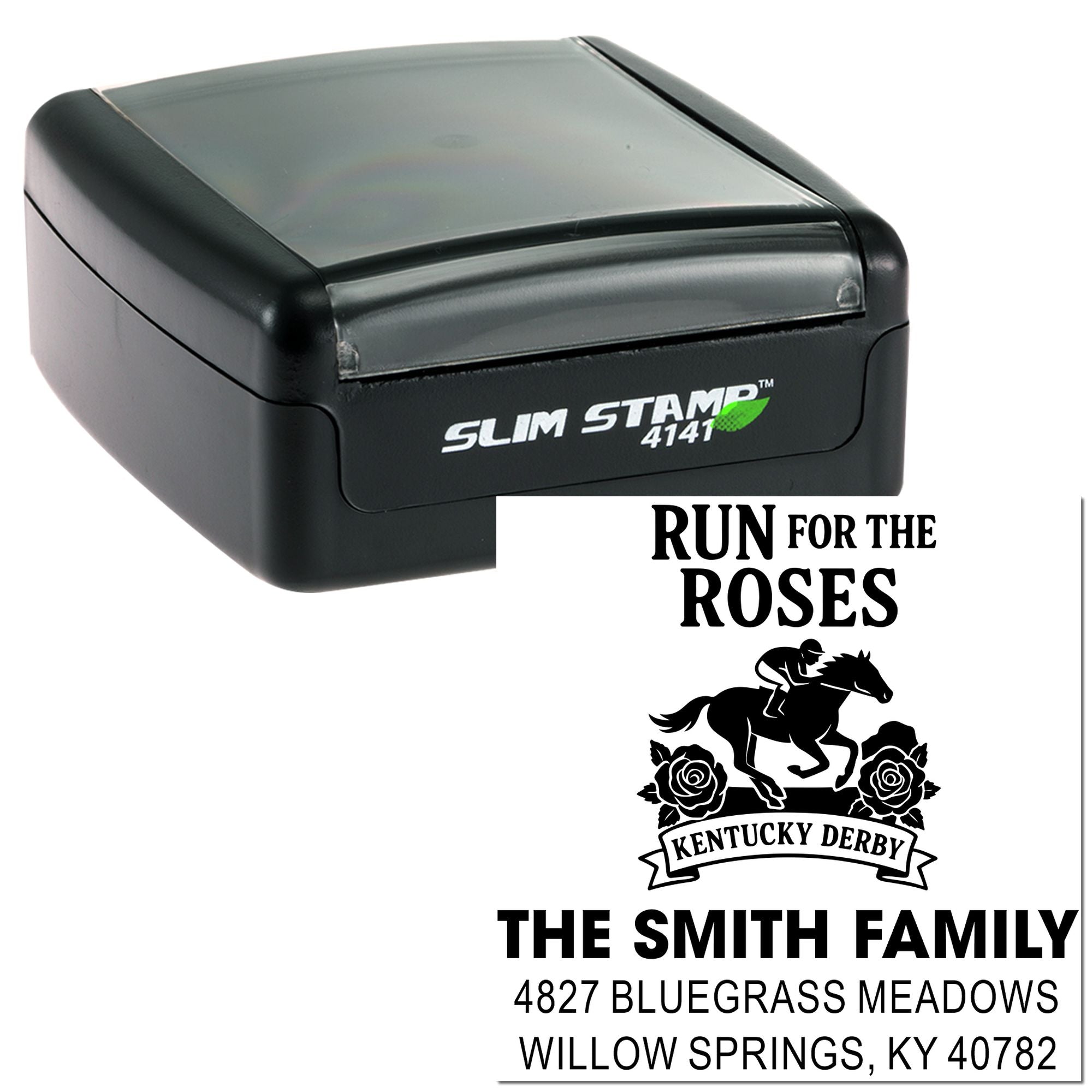 Slim Stamp 4141 self-inking custom rubber address stamp with Kentucky Derby Run for the Roses design