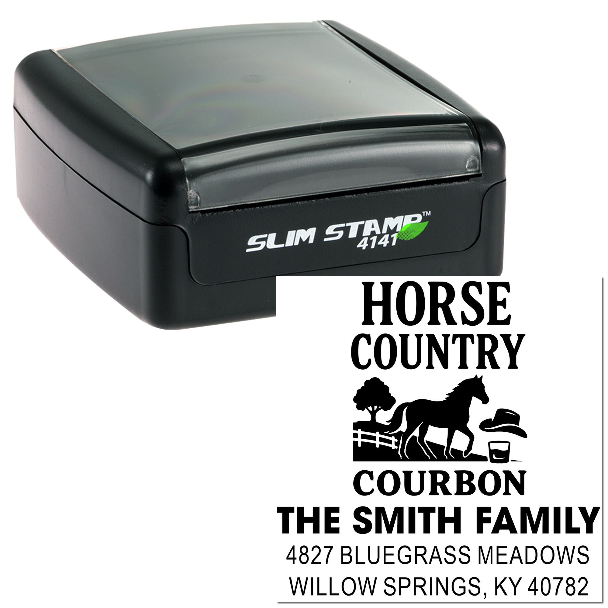 Self-inking Slim Stamp 4141 custom horse country rubber stamp with family name and address return address design.