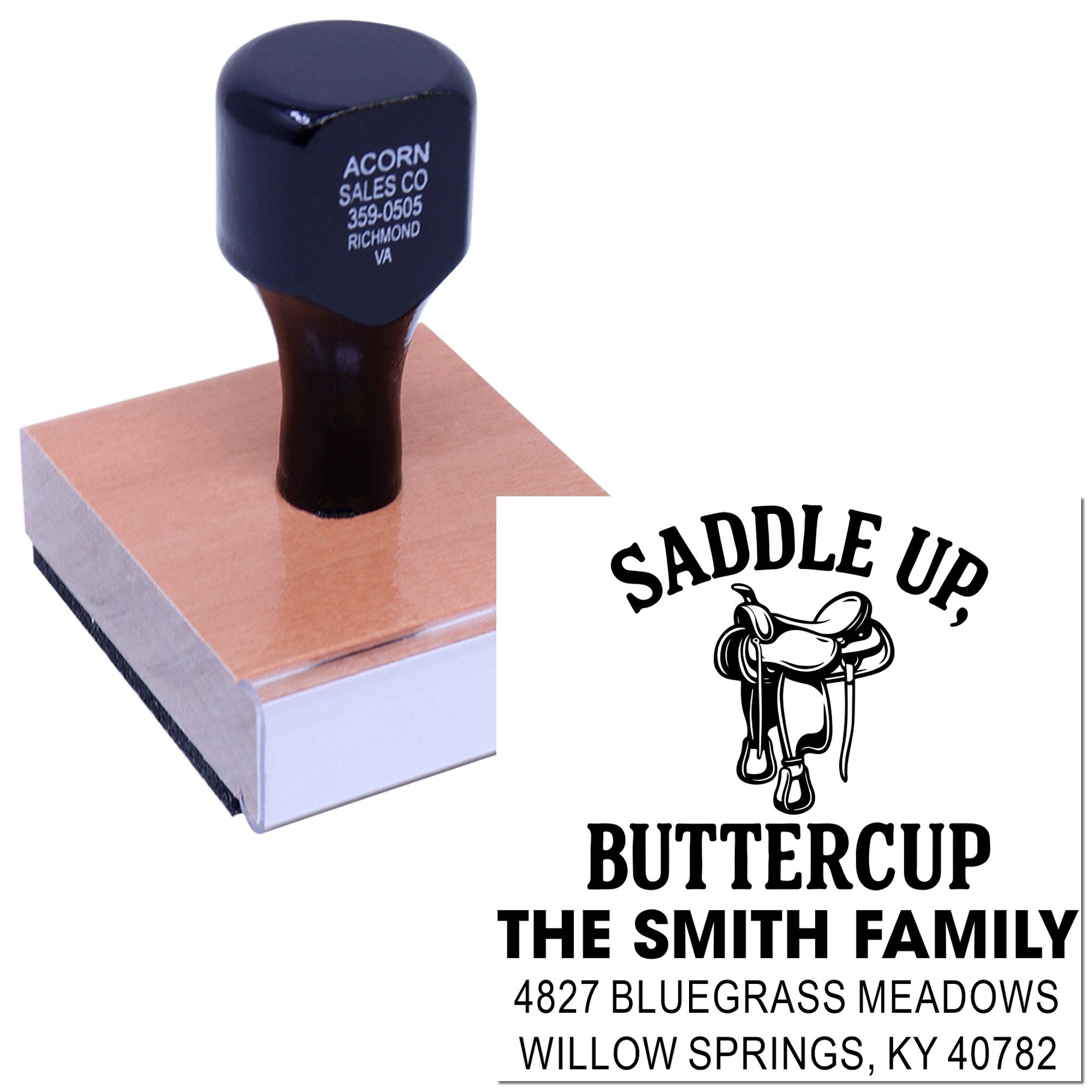 Custom horse-themed rubber stamp with saddle graphic and personalized family address text.