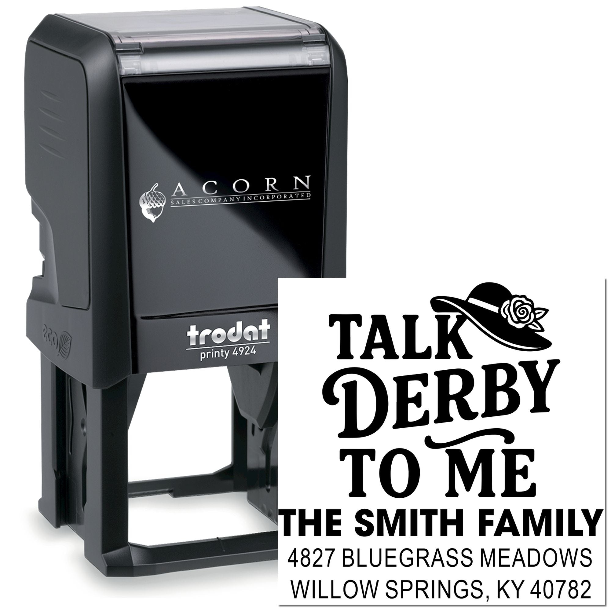 Custom self-inking address stamp with Talk Derby to Me design for Kentucky Derby party invitations