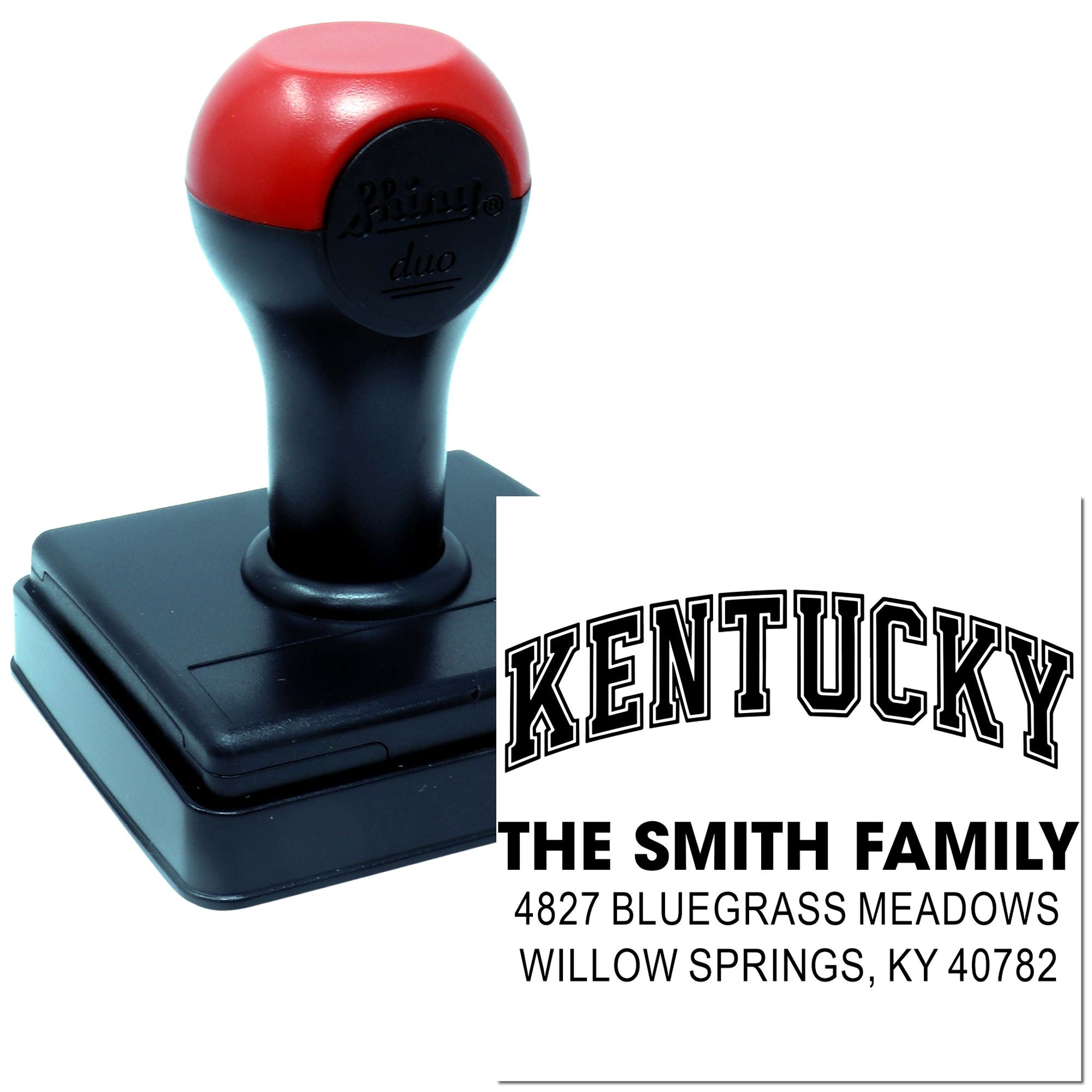 Custom Kentucky return address rubber stamp for The Smith Family, Willow Springs, KY, with self-inking stamp design.