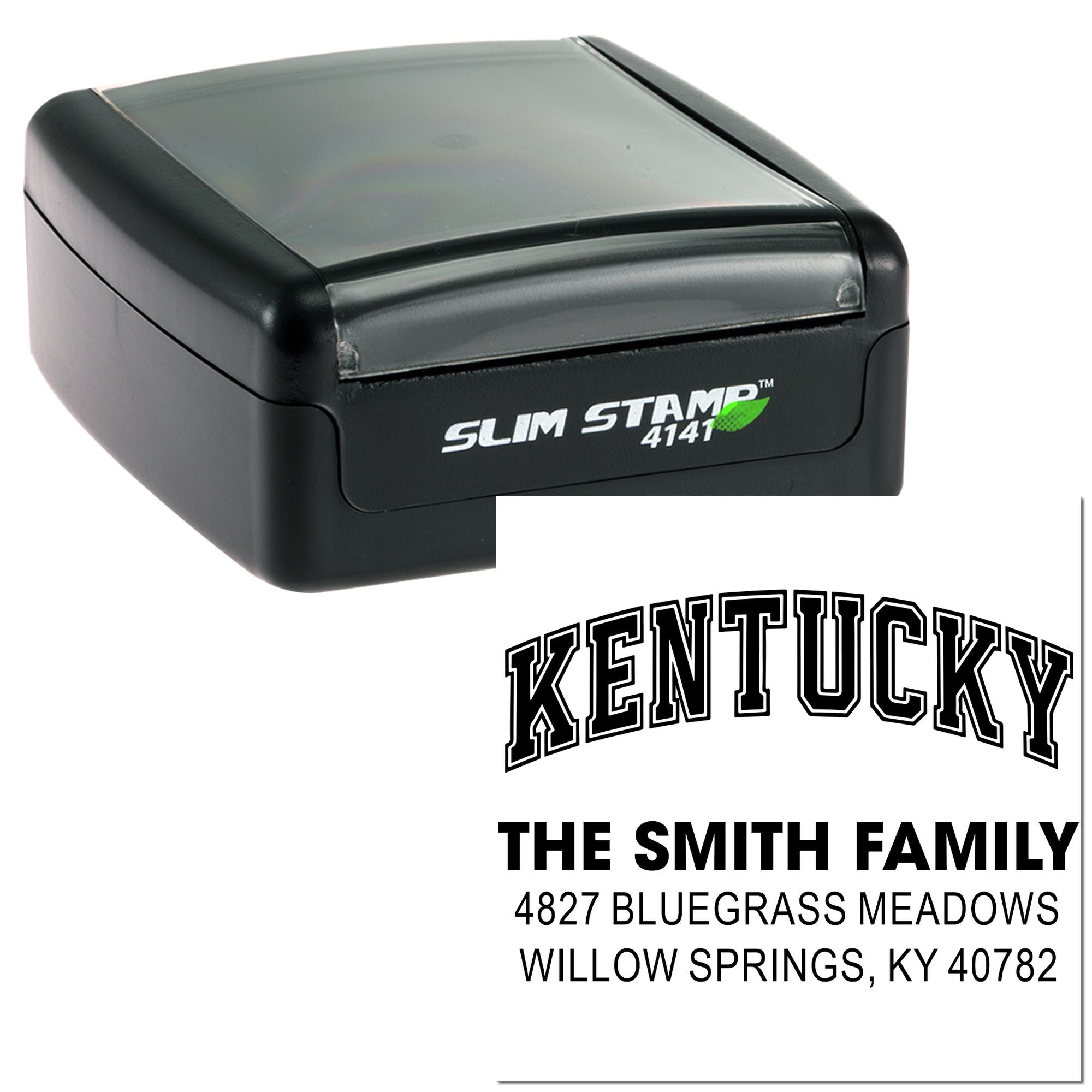 Custom self-inking Slim Stamp 4141 address rubber stamp with Kentucky family name and return address imprint