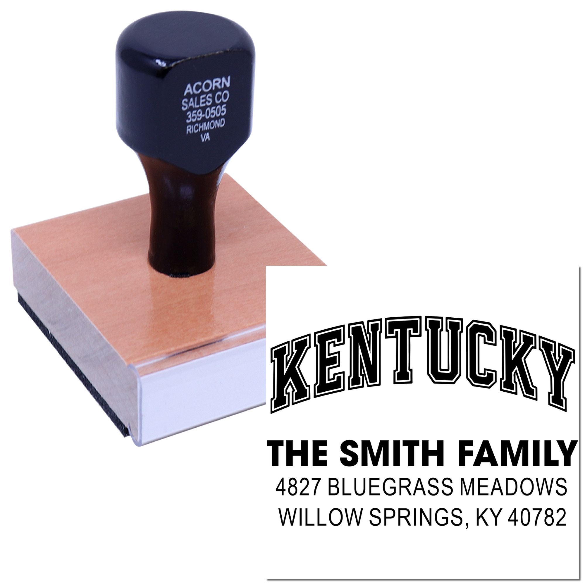 Personalized Kentucky address rubber stamp with family name and return address imprint for mailing and business use.