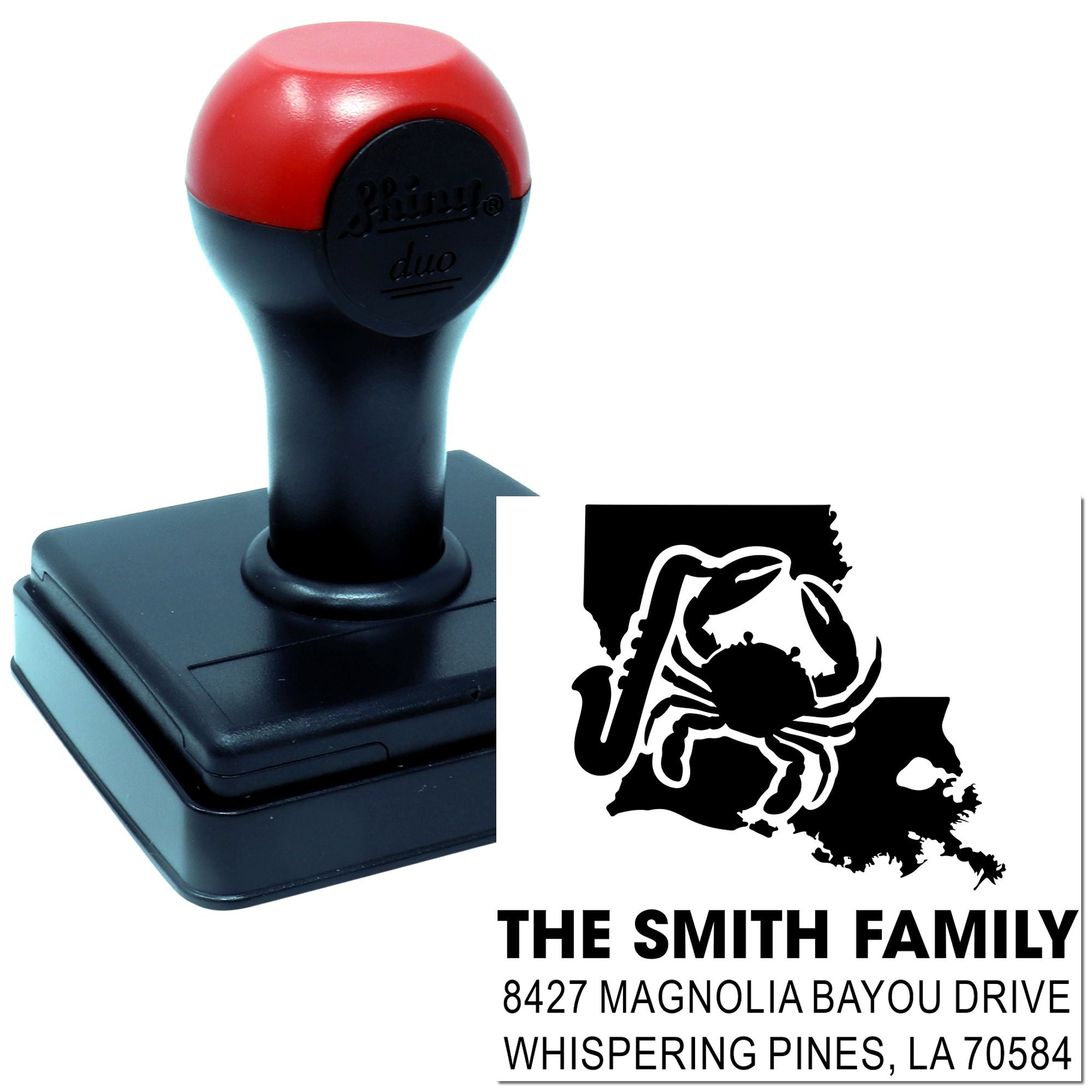 Custom self-inking rubber address stamp with crab design for The Smith Family, Whispering Pines, LA.