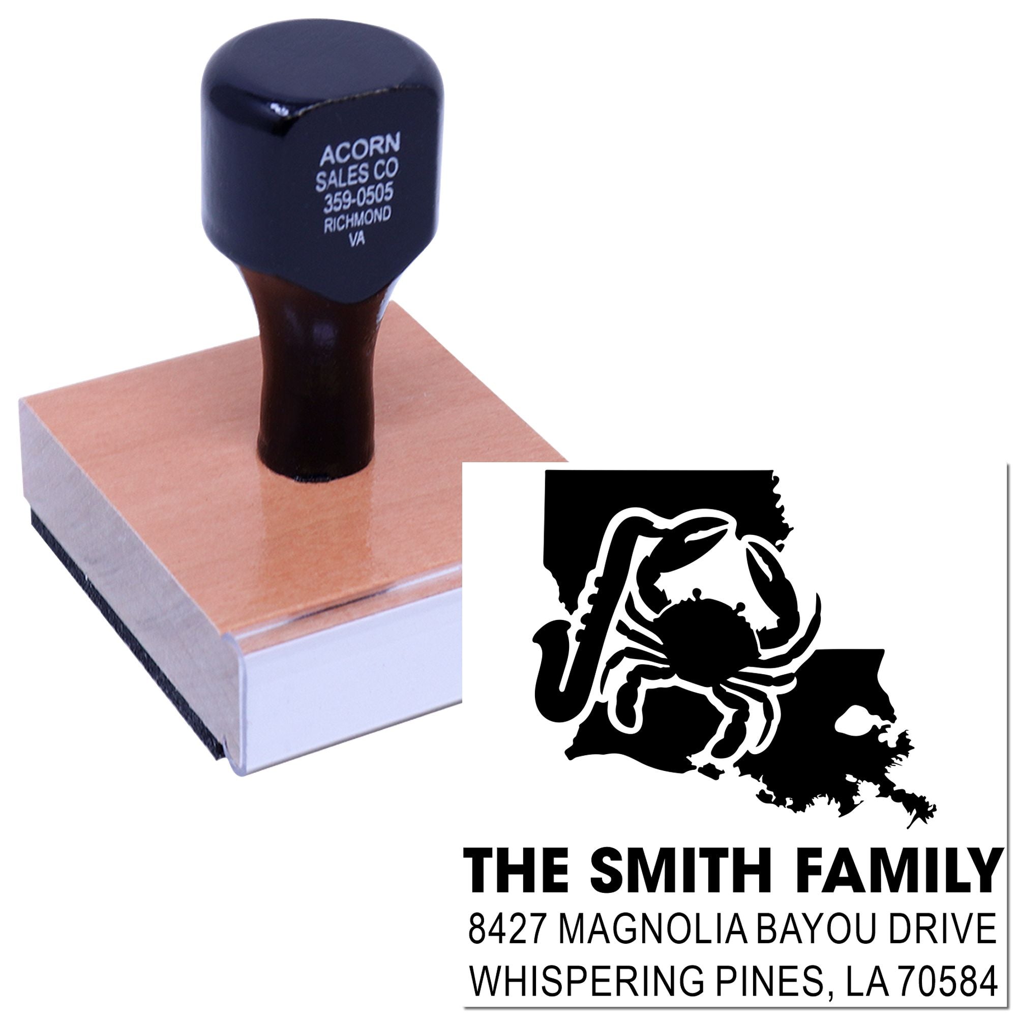 Custom self-inking rubber stamp with crab return address design for The Smith Family in Whispering Pines, Louisiana.