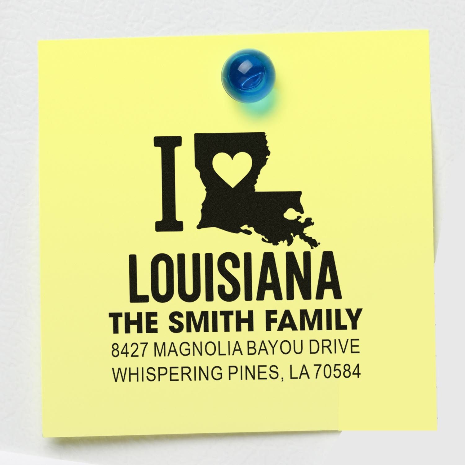 Personalized return address rubber stamp with I Love Louisiana state design for The Smith Family.