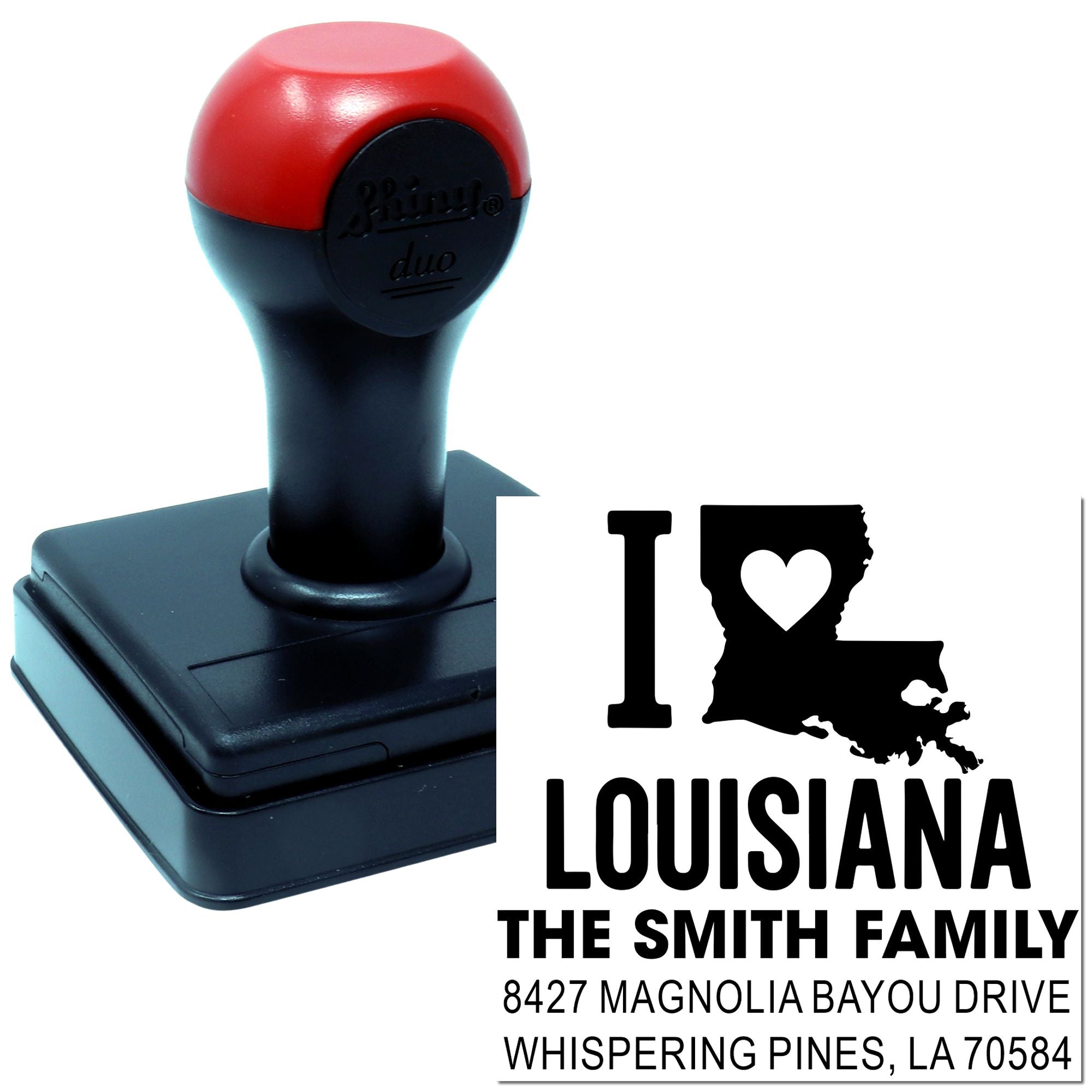 Custom self-inking rubber stamp with I Love Louisiana address design for personalized mailing, returns, and crafts.