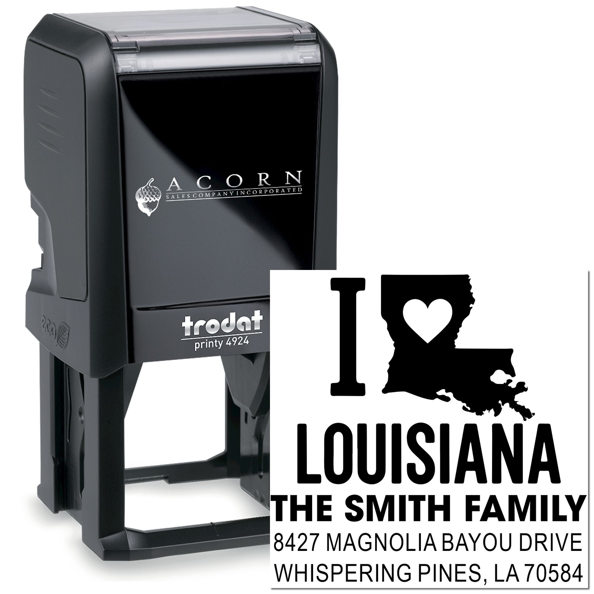 Personalized self-inking address rubber stamp with I Love Louisiana design, Smith family name, and Trodat Printy 4924 preview.