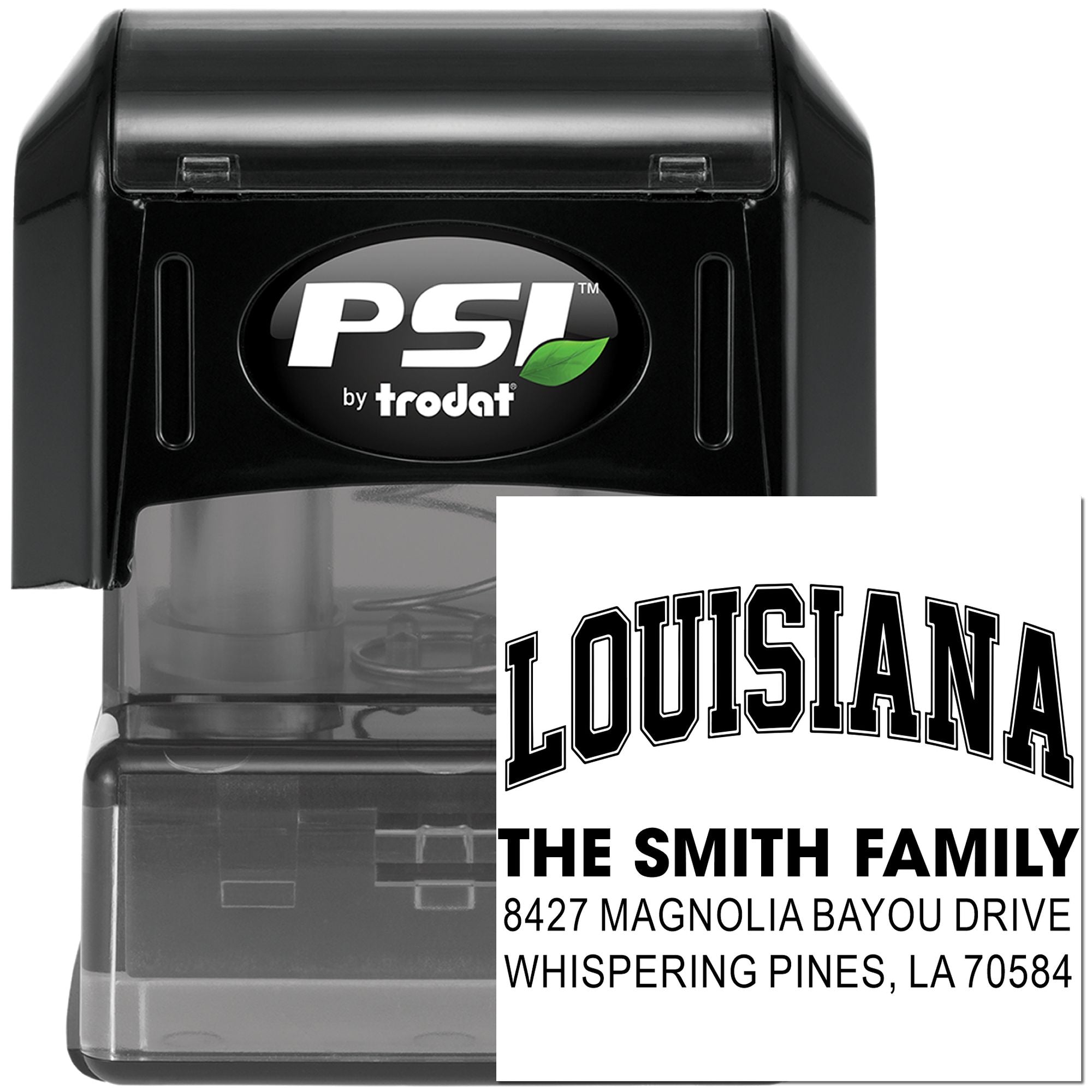 PSI by Trodat self-inking custom address rubber stamp with Louisiana imprint for The Smith Family, Whispering Pines, LA 70584