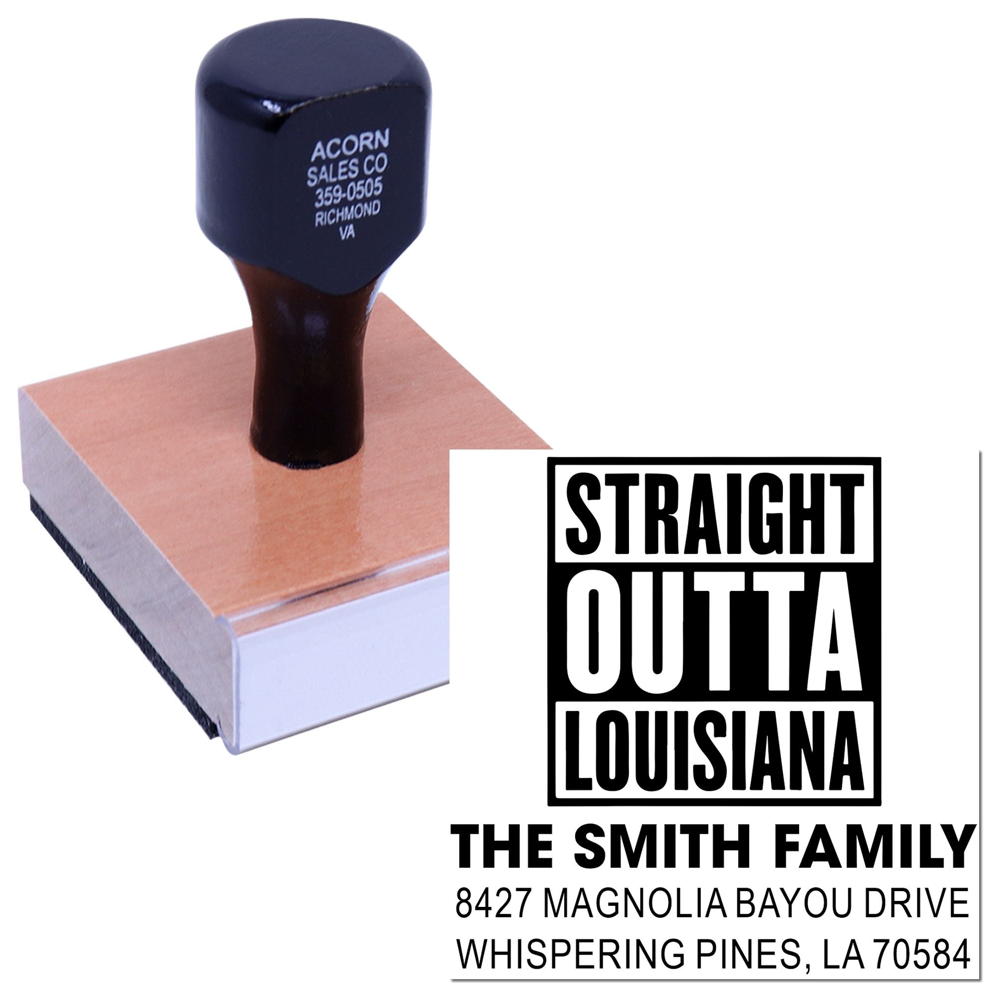 Personalized custom rubber address stamp featuring a Straight Outta Louisiana design for The Smith Family.