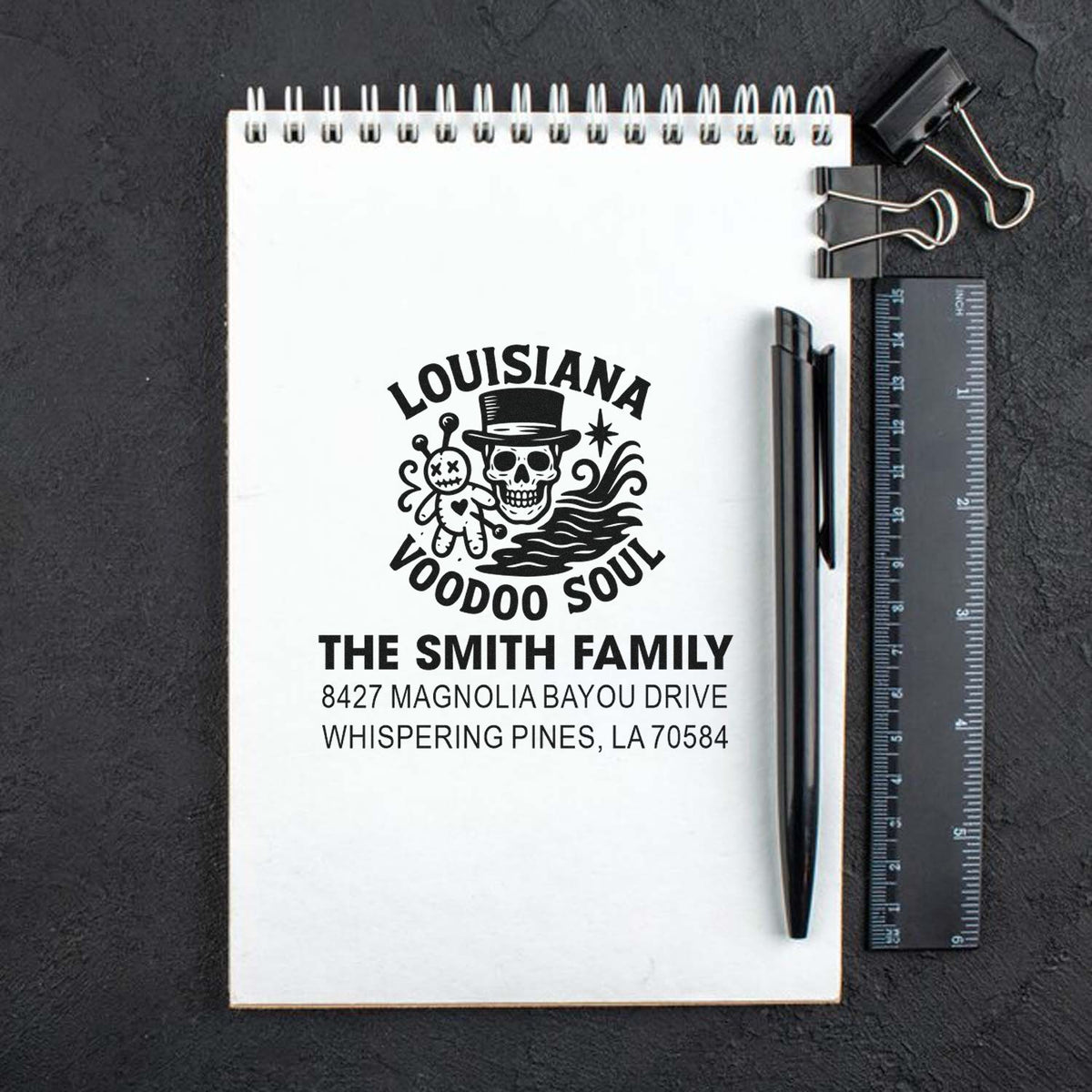Personalized Louisiana Voodoo Soul rubber stamp with family name and address on notebook mockup