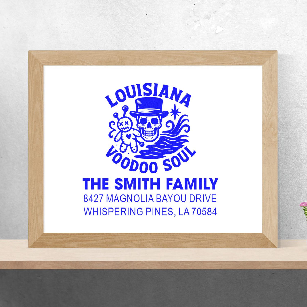 Custom family address rubber stamp with Louisiana Voodoo Soul skull design for The Smith Family, Whispering Pines, LA 70584.