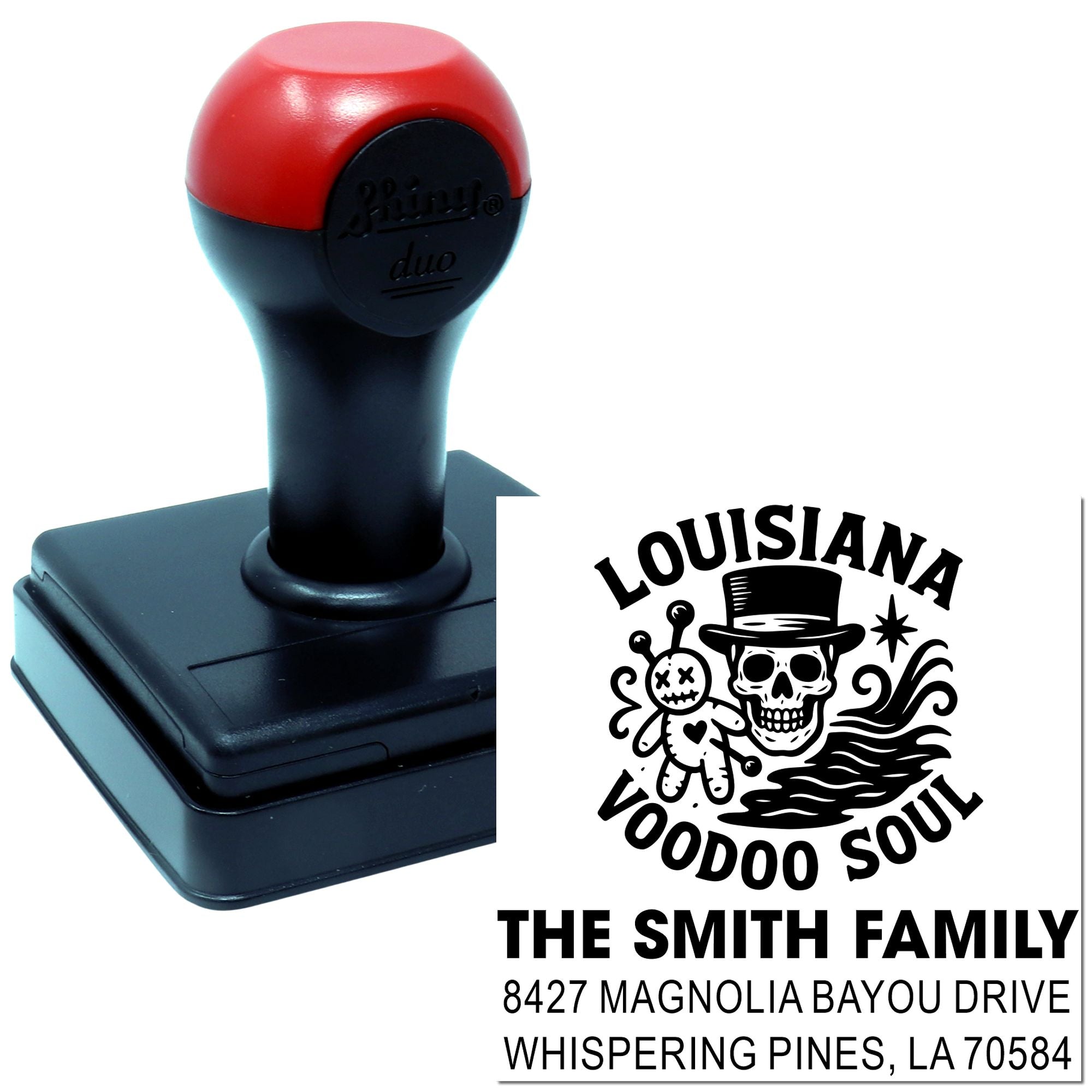 Custom self-inking rubber stamp and return address imprint for The Smith Family, Louisiana Voodoo Soul design.