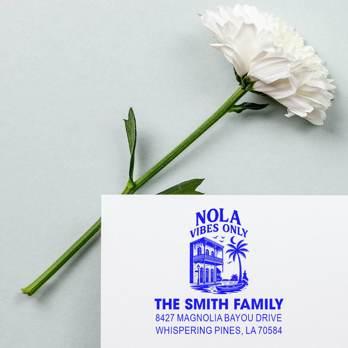 Custom New Orleans return address rubber stamp with Nola Vibes Only design and The Smith Family address.