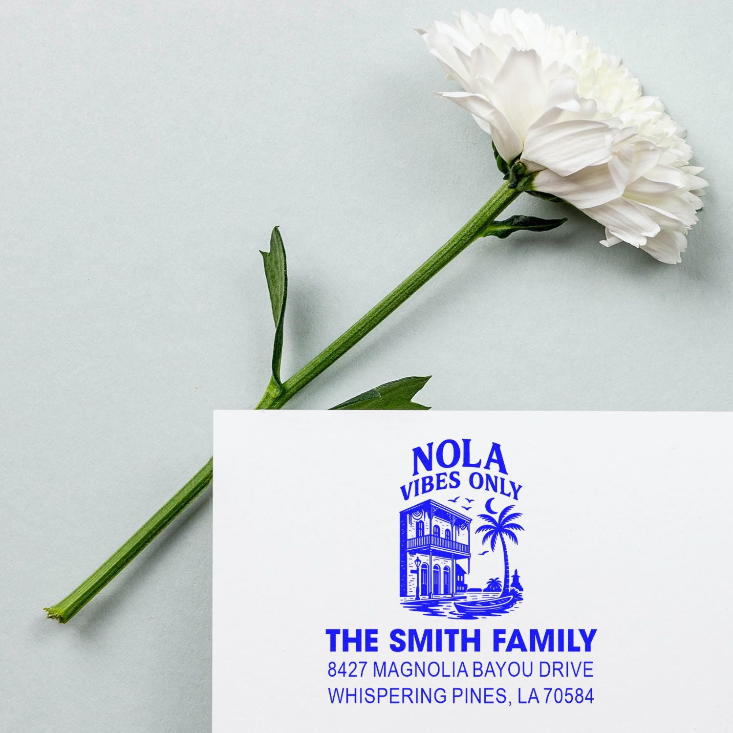 Personalized rubber address stamp for The Smith Family featuring NOLA Vibes Only New Orleans design and return address.