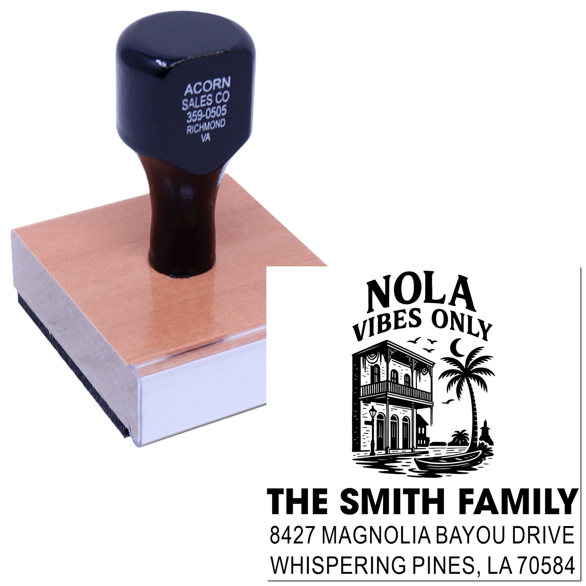 Personalized New Orleans return address rubber stamp with NOLA Vibes Only design for The Smith Family.