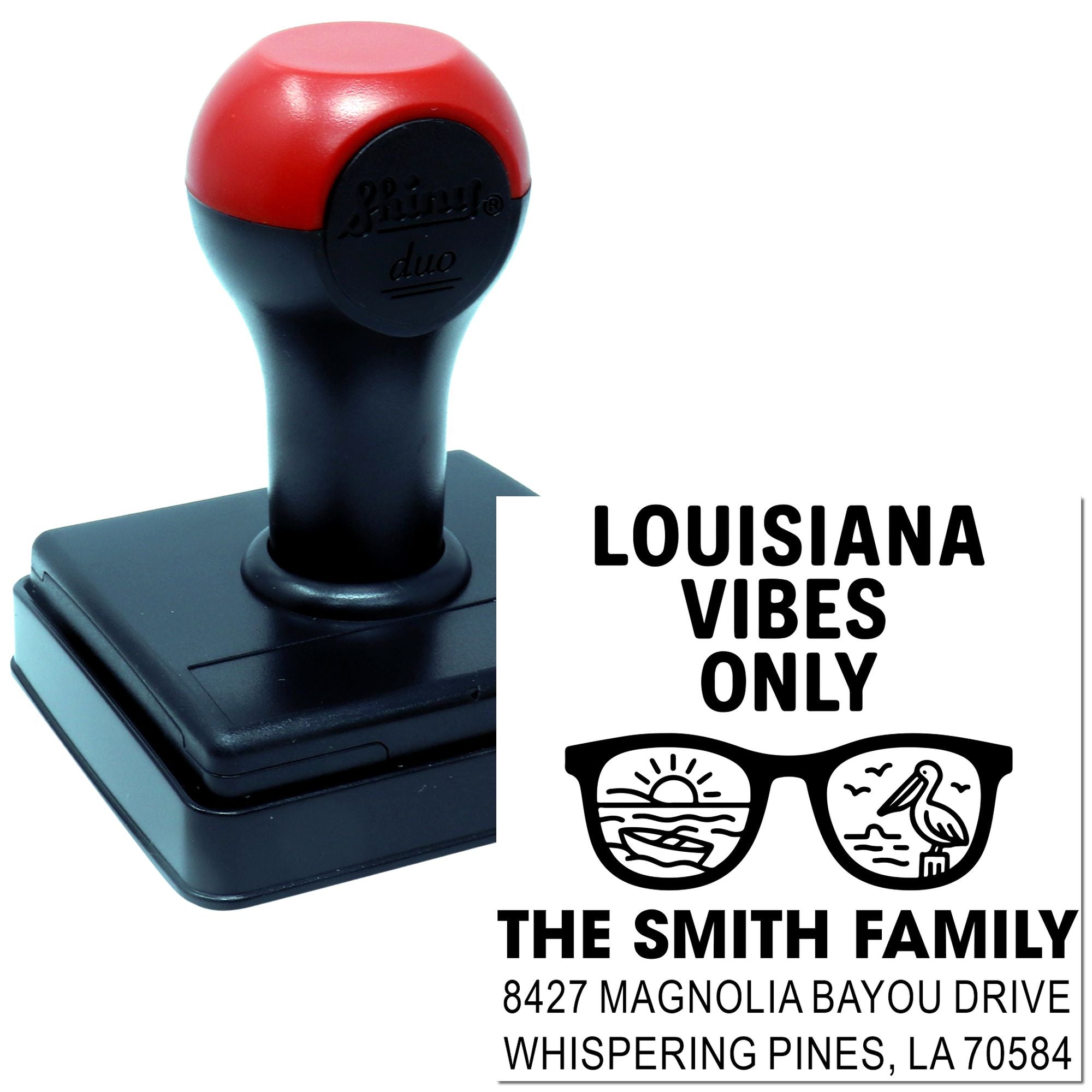 Custom self-inking rubber stamp with Louisiana Vibes Only family address design for personalized mailing and packaging.