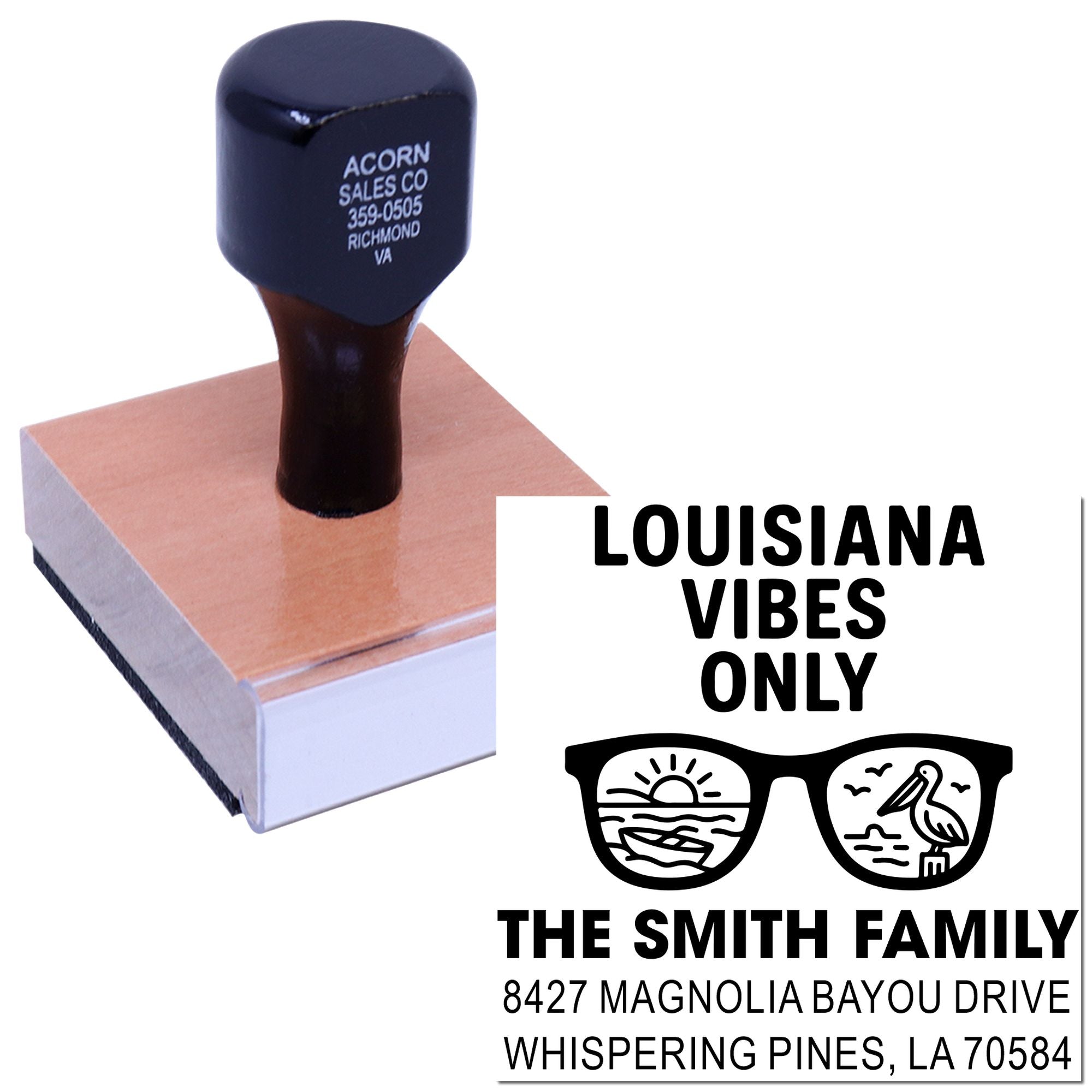 Custom Louisiana return address rubber stamp with family name, address and beach-themed sunglasses design.
