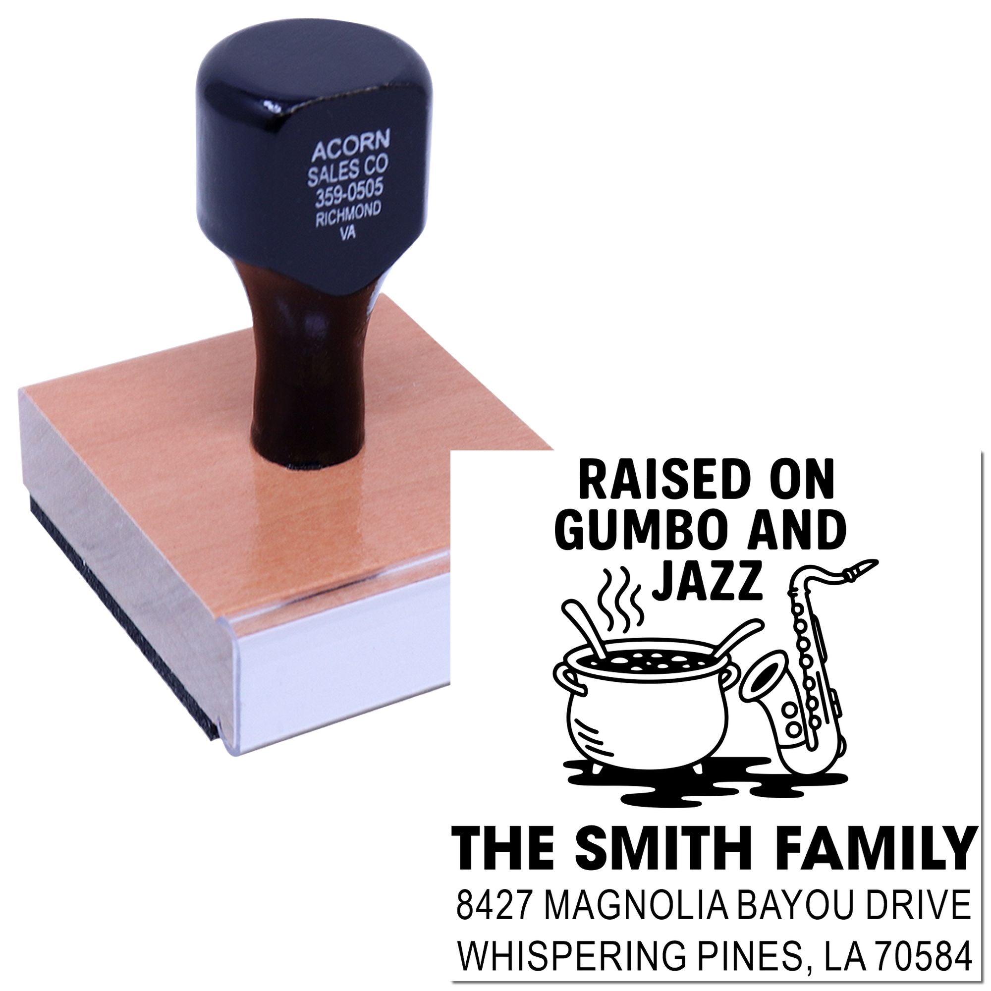 Custom rubber stamp for personalized family address labels, featuring Raised on Gumbo and Jazz design with pot and saxophone.