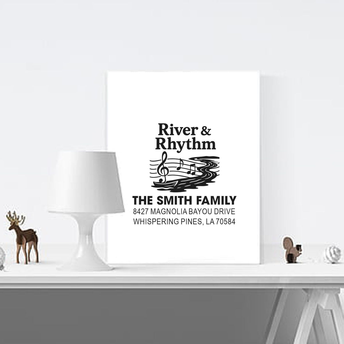 Custom rubber stamp design with River & Rhythm music-and-river graphic for The Smith Family personalized address stamp.