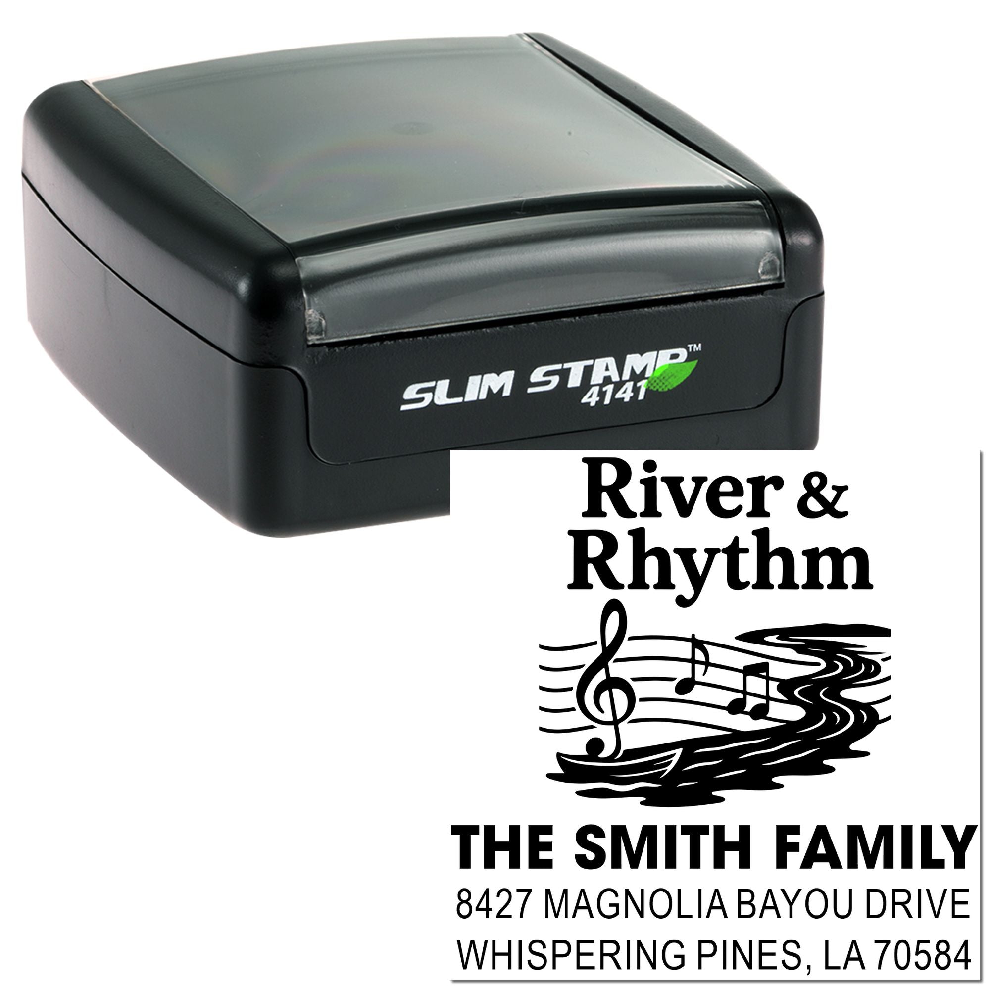 Slim Stamp 4141 custom self-inking rubber stamp with River & Rhythm Smith family address design and music-themed artwork.