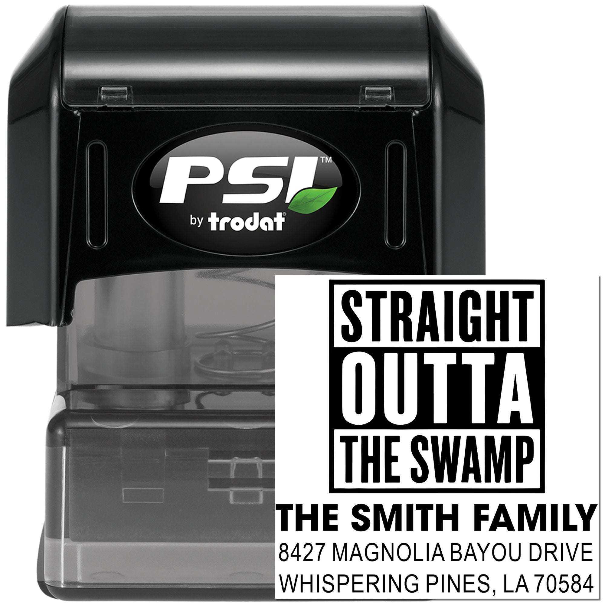 Custom self-inking rubber address stamp with Straight Outta the Swamp and The Smith Family return address design.