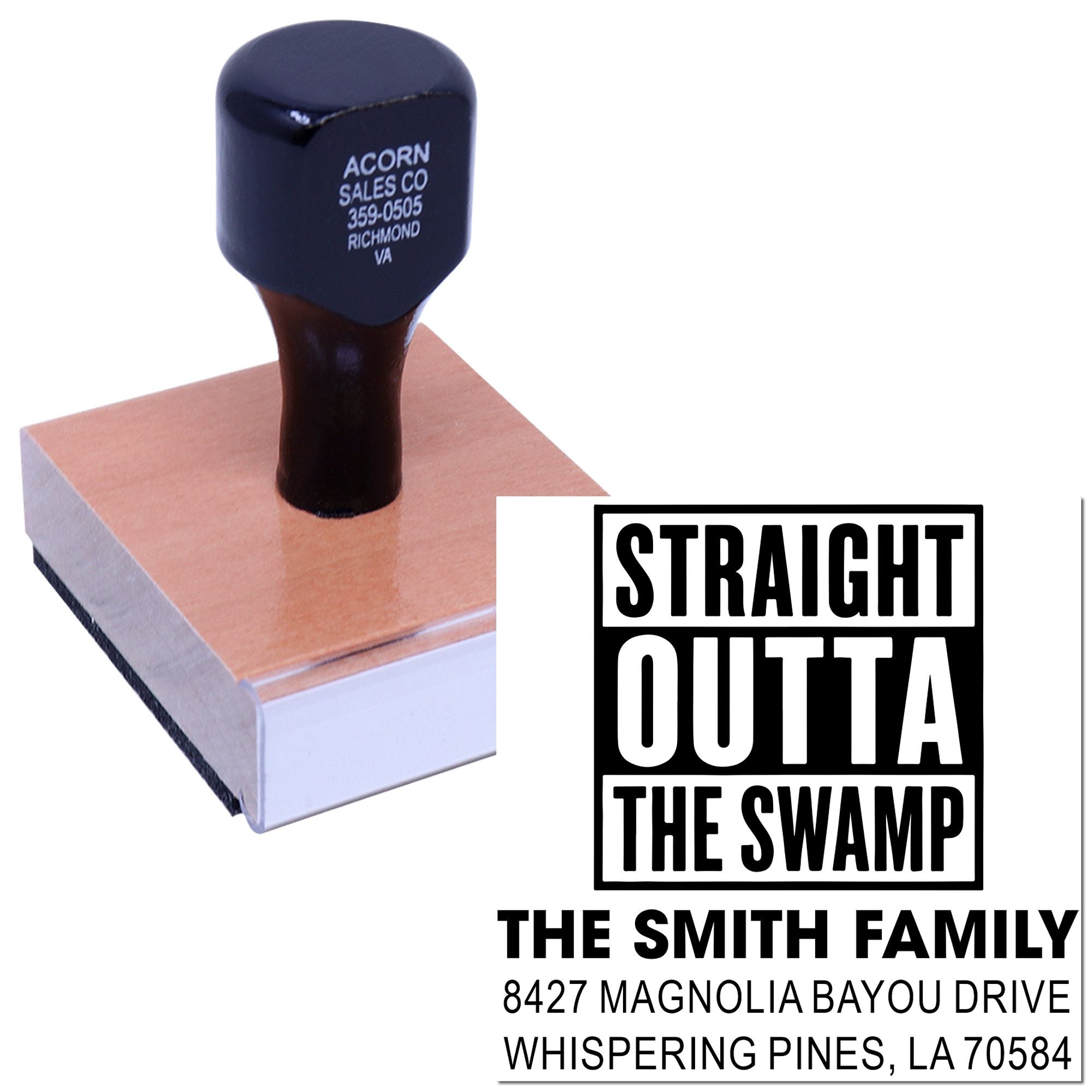 Custom rubber address stamp featuring Straight Outta the Swamp design for The Smith Family mailing and branding.