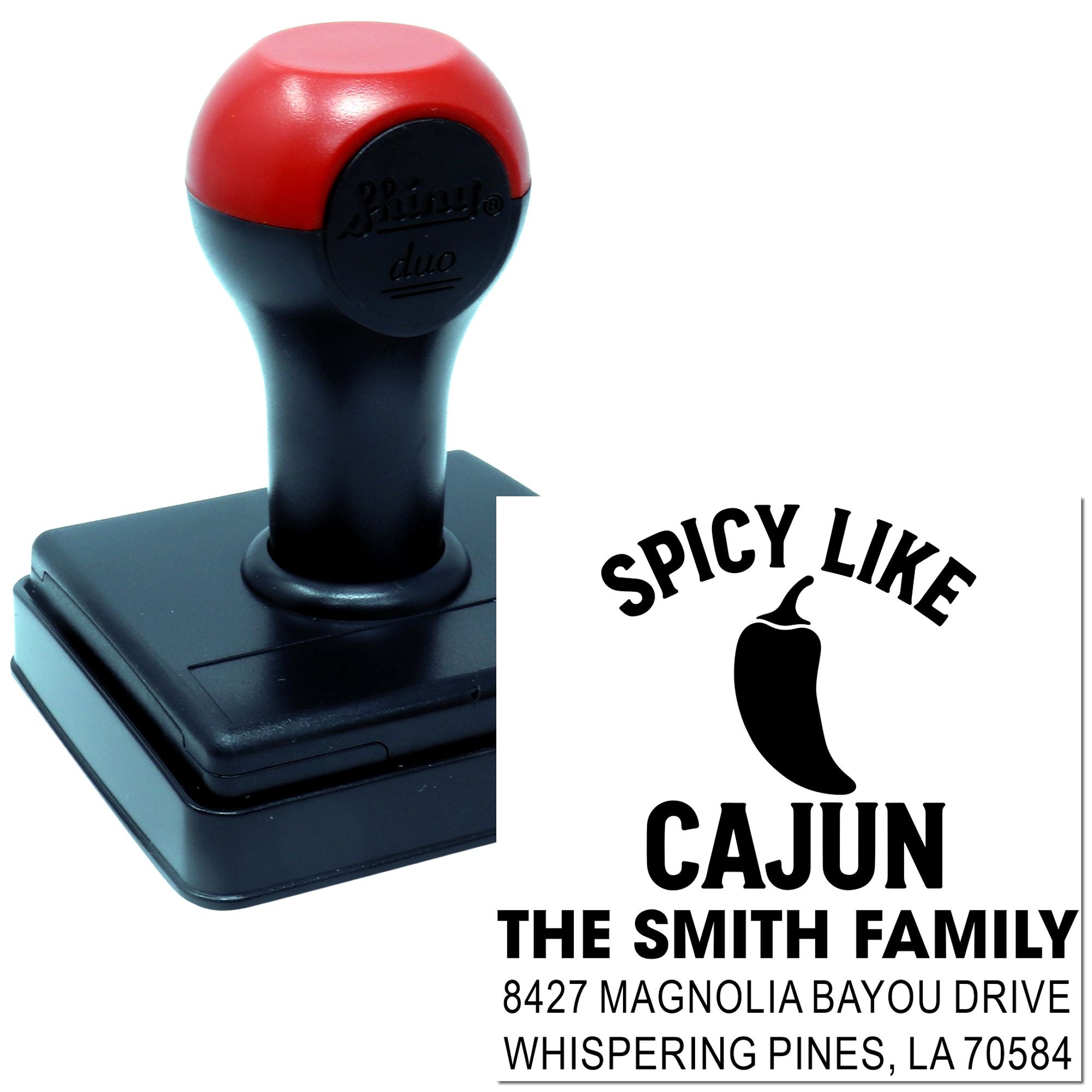 Custom self-inking rubber address stamp with Spicy Like Cajun family name, chili pepper logo, and return address.