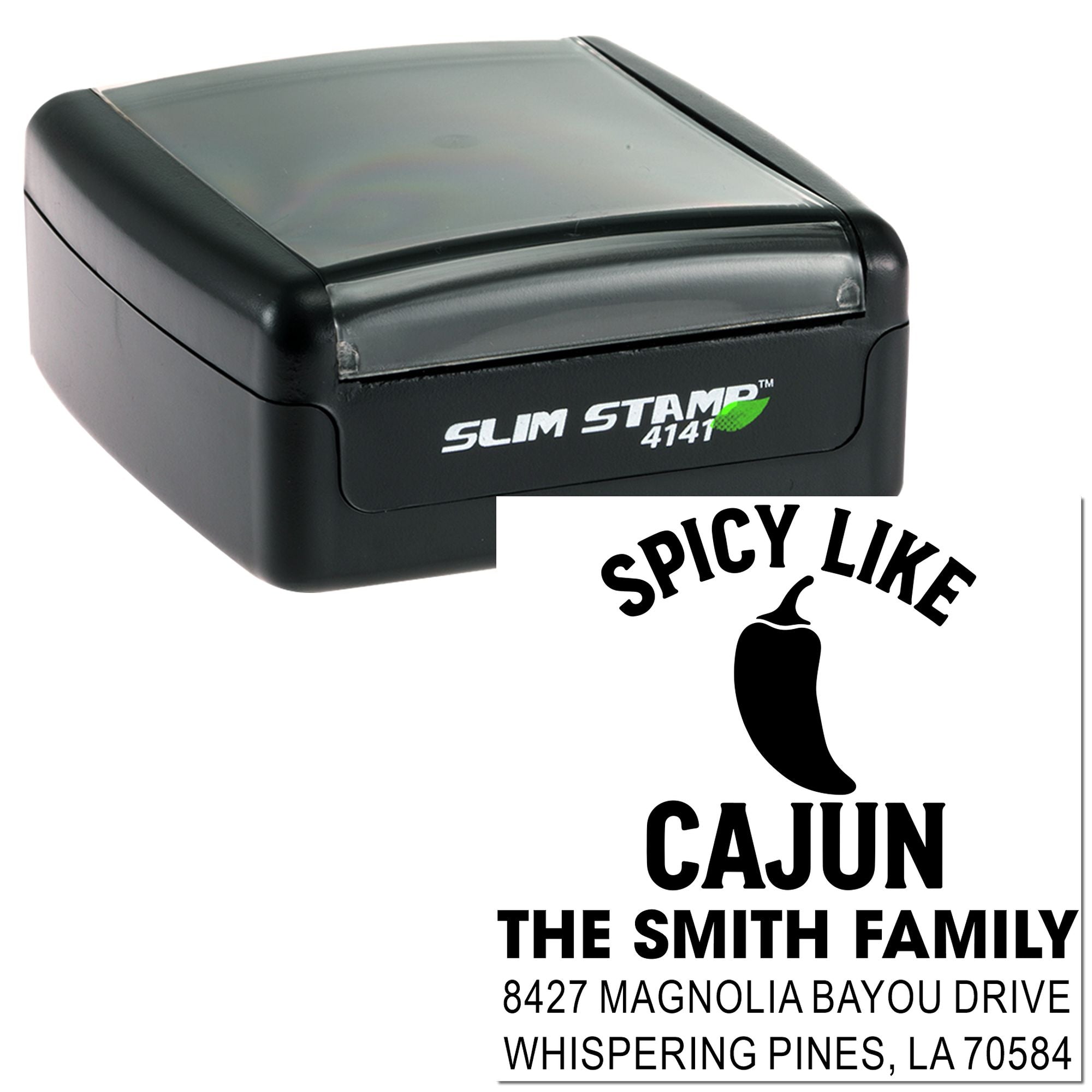 Custom self-inking rubber return address stamp with Spicy Like Cajun design for The Smith Family mailing labels.