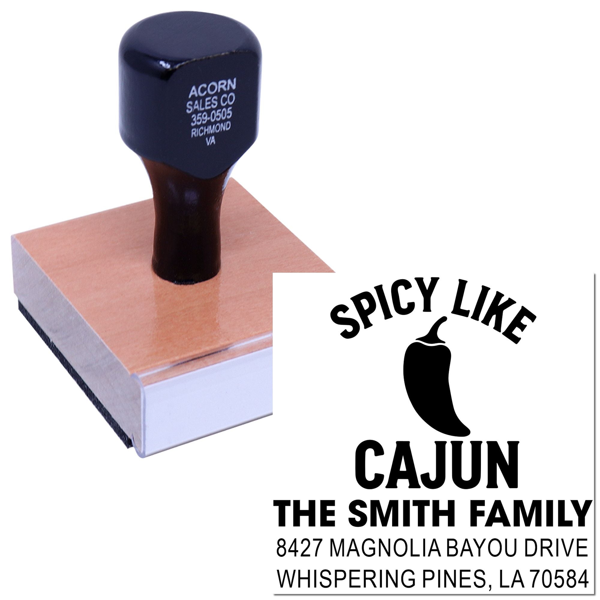 Custom Cajun family return address rubber stamp with chili pepper design and personalized mailing details.