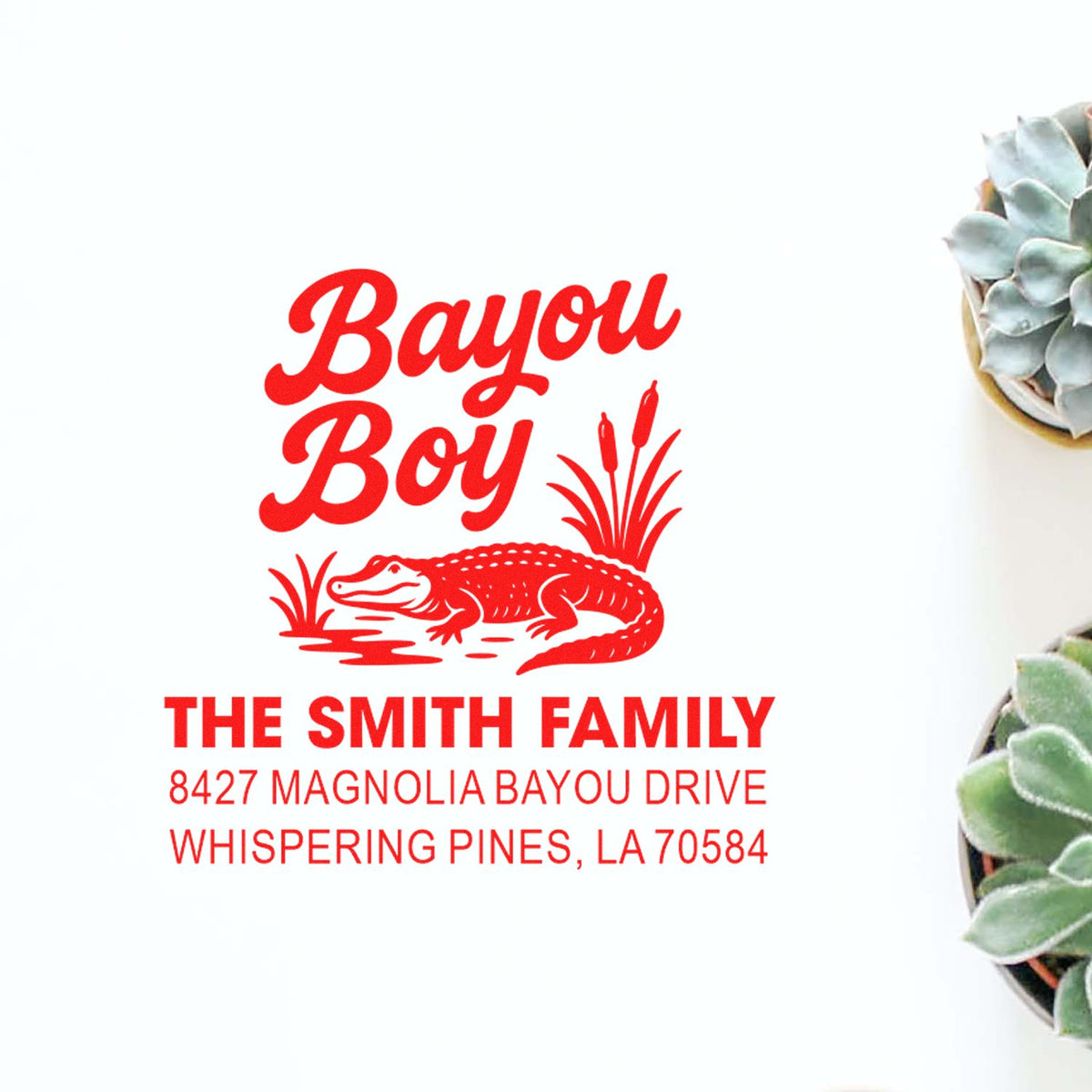 Custom Bayou Boy rubber stamp with alligator design and The Smith Family address for Louisiana-themed mailing and branding.