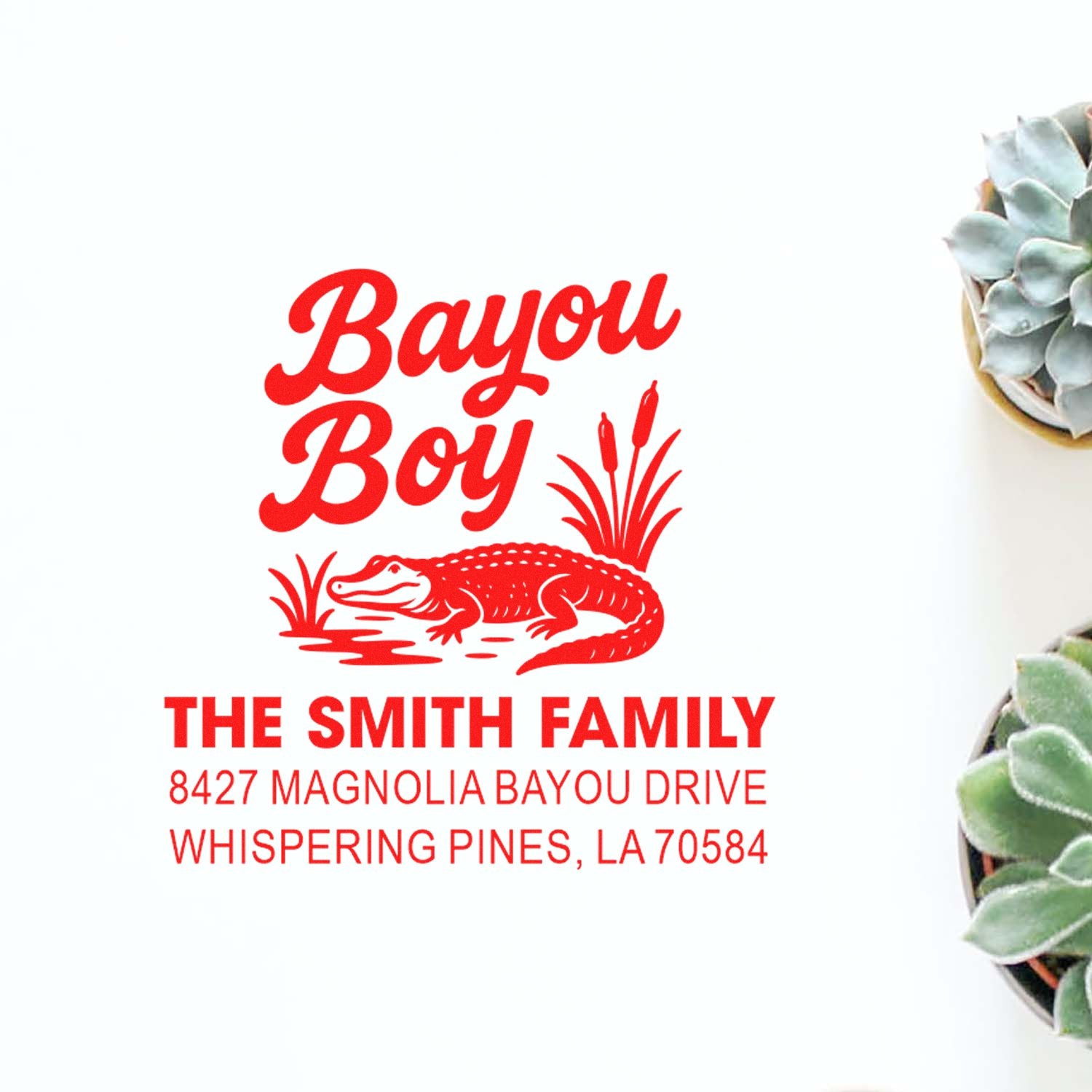 Custom Bayou Boy rubber stamp with alligator design and return address for The Smith Family, Whispering Pines, LA 70584.