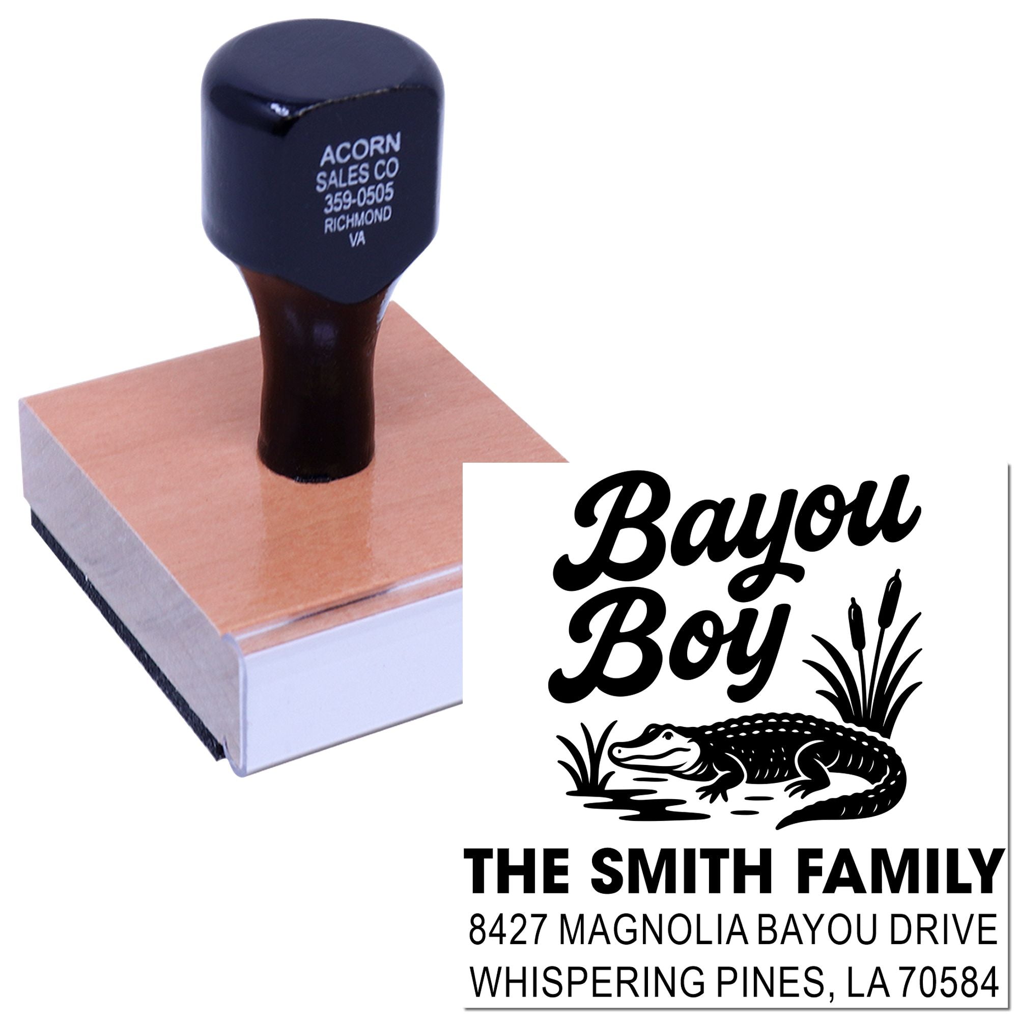 Custom Bayou Boy family address rubber stamp with alligator design and personalized return address imprint.