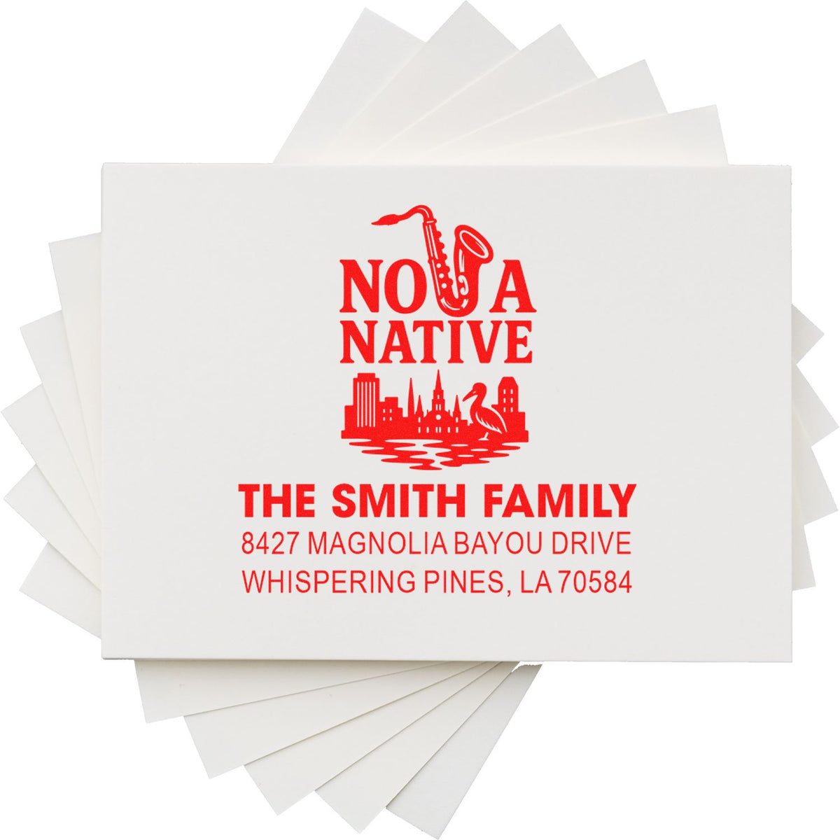 Custom address rubber stamp for The Smith Family with saxophone and city skyline design.