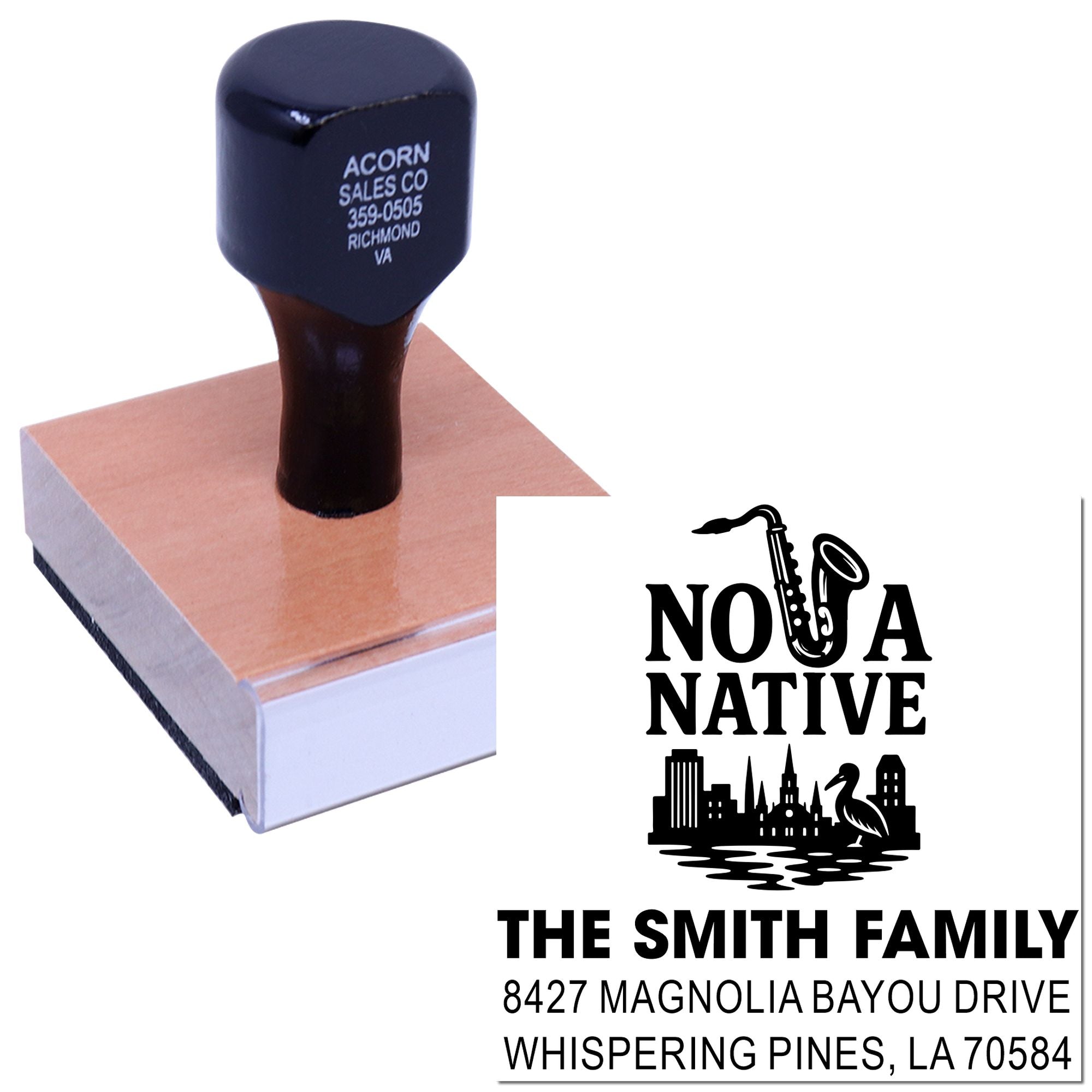 Personalized NOLA Native return address rubber stamp for The Smith Family with skyline and saxophone design.