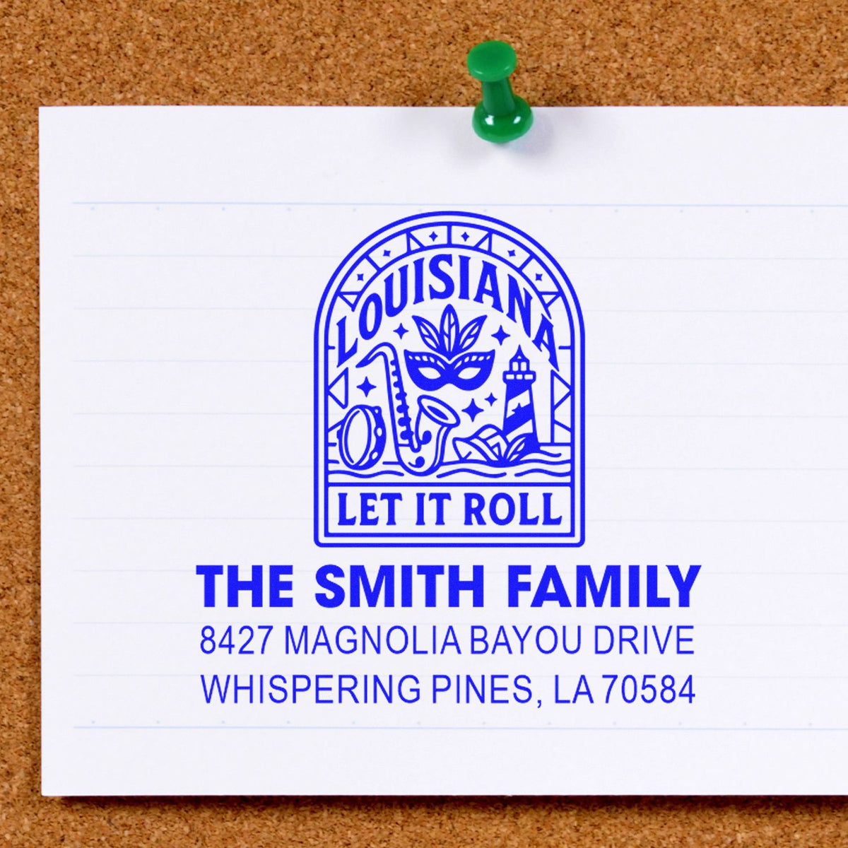Personalized Louisiana address rubber stamp impression for The Smith Family with Let It Roll Mardi Gras design.