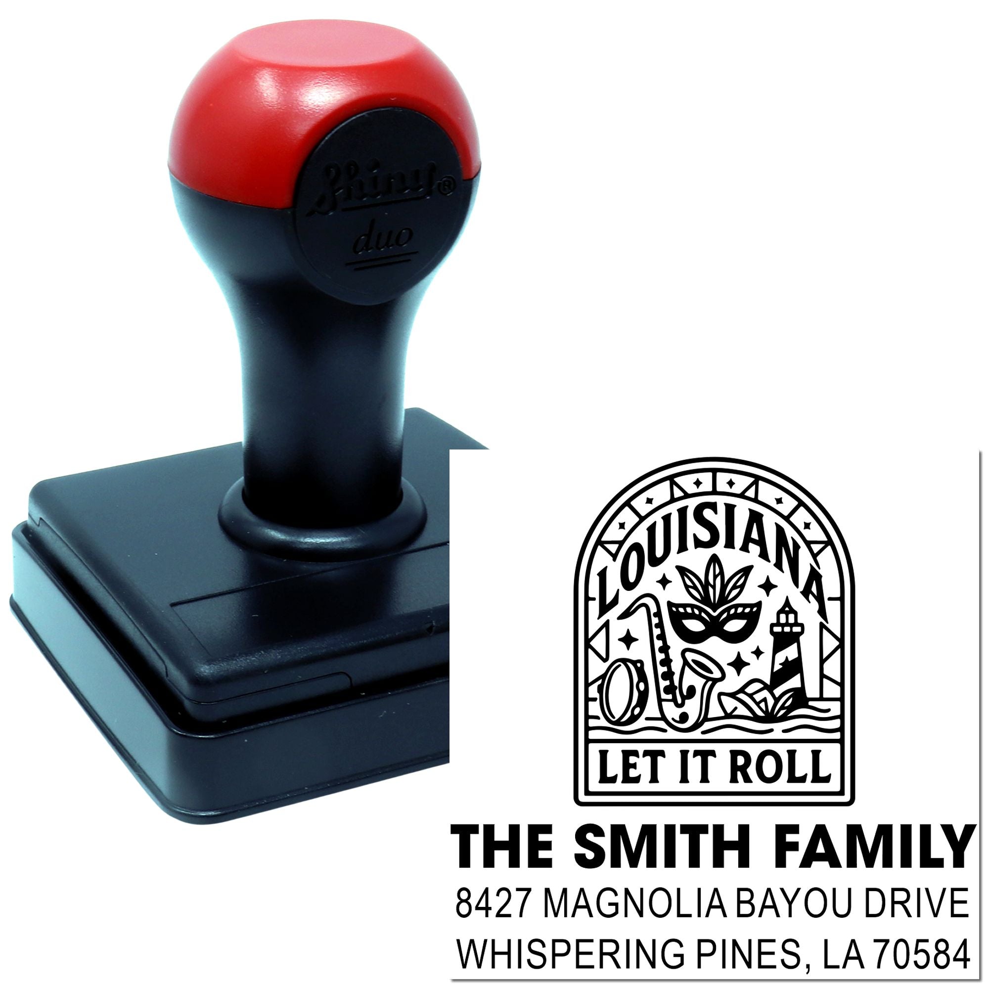 Custom self-inking rubber stamp with Louisiana family return address and Mardi Gras design for custom mailing use.