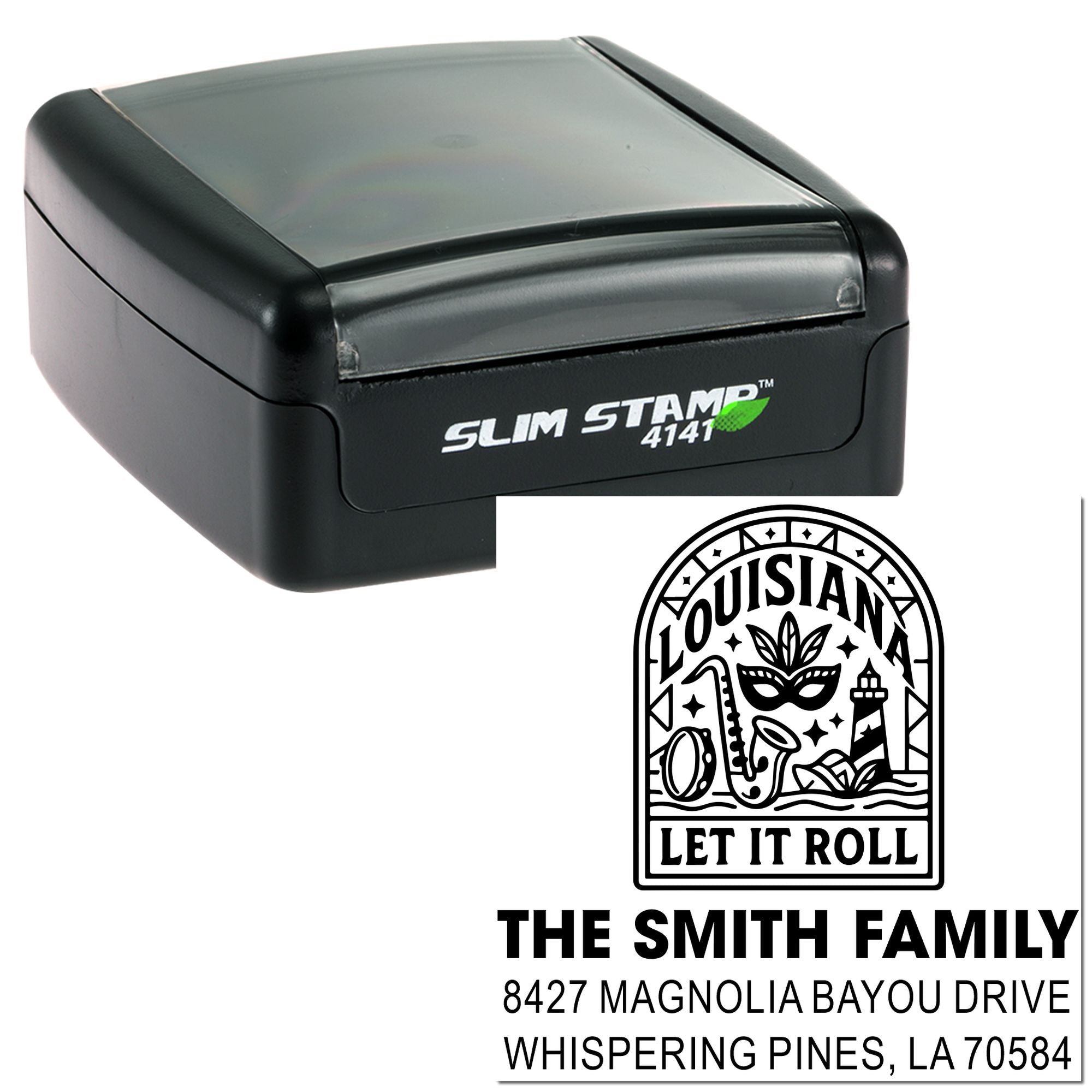 Slim Stamp 4141 self-inking custom Louisiana address rubber stamp with personalized family name and Let It Roll design.