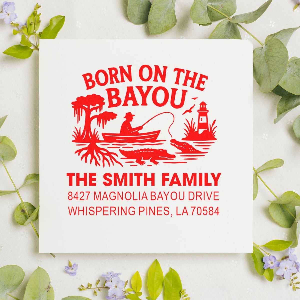 Custom rubber stamp with Louisiana bayou theme, family name, and return address for personalized home or wedding mailing.