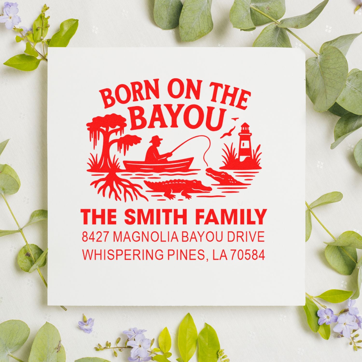 Custom rubber address stamp for the Smith family, featuring a Born on the Bayou Louisiana swamp and fishing design.