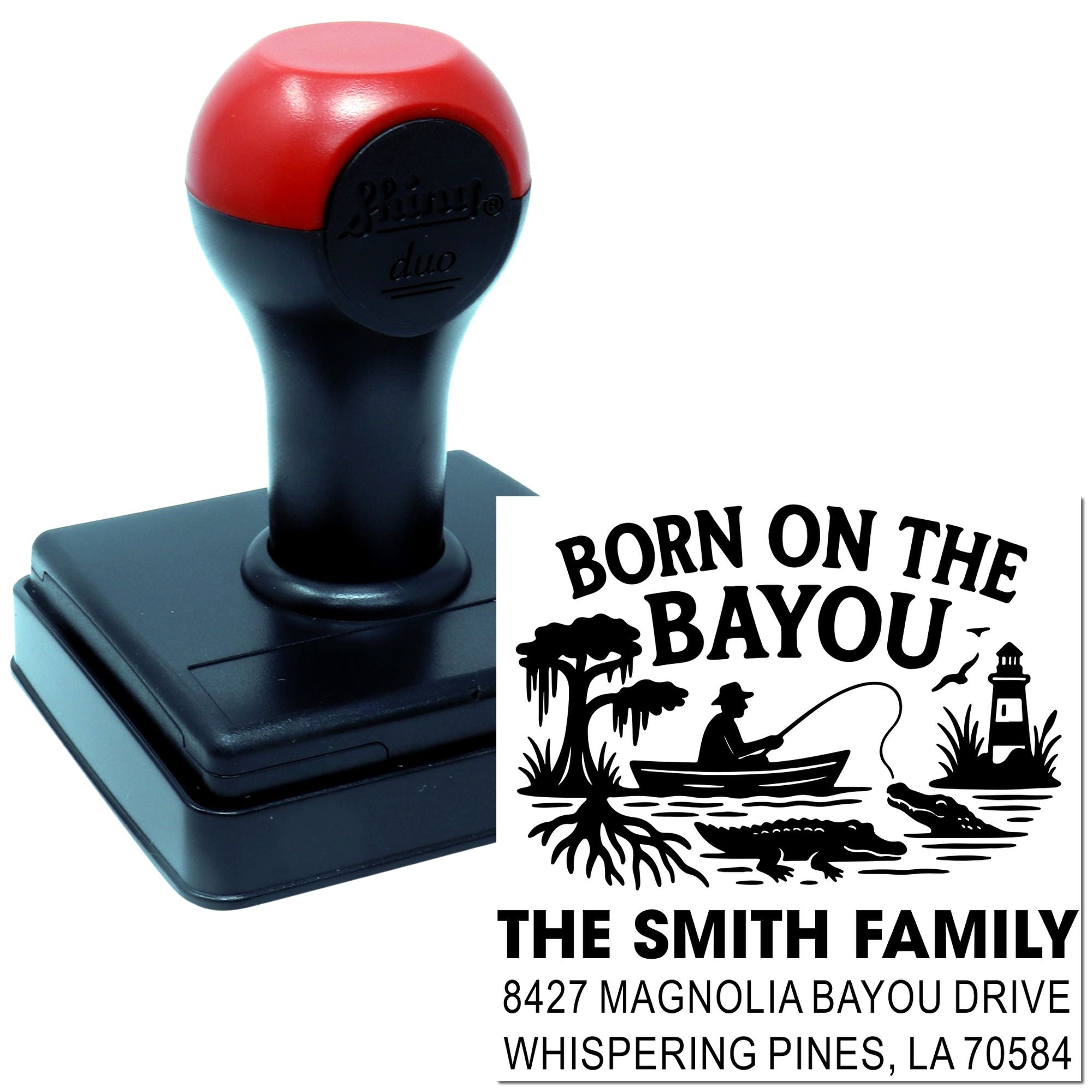 Custom self-inking rubber stamp with Born on the Bayou Louisiana family return address design.