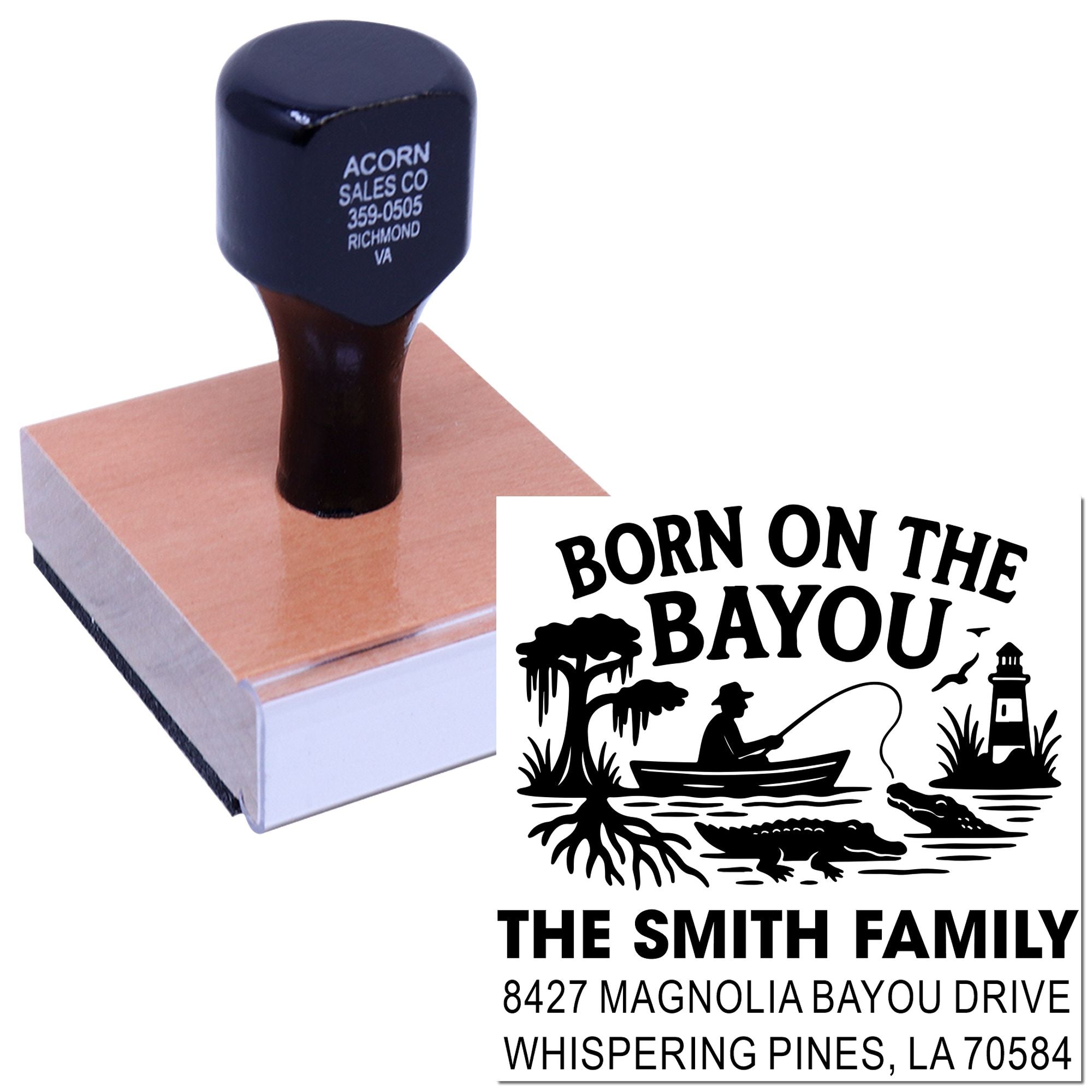 Custom address rubber stamp with Born on the Bayou family design and Louisiana bayou artwork.