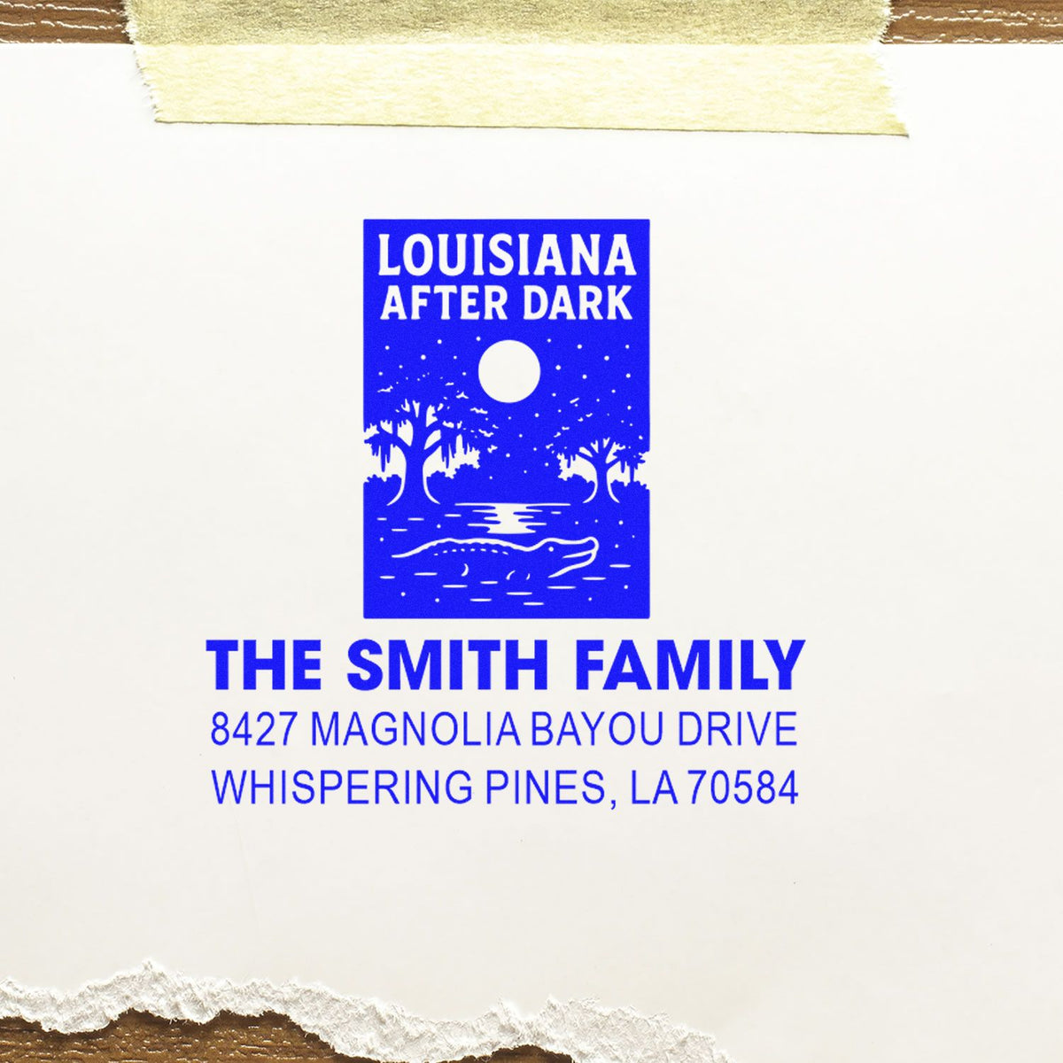 Custom Louisiana After Dark address rubber stamp for The Smith Family, featuring an alligator, moon, and bayou design.
