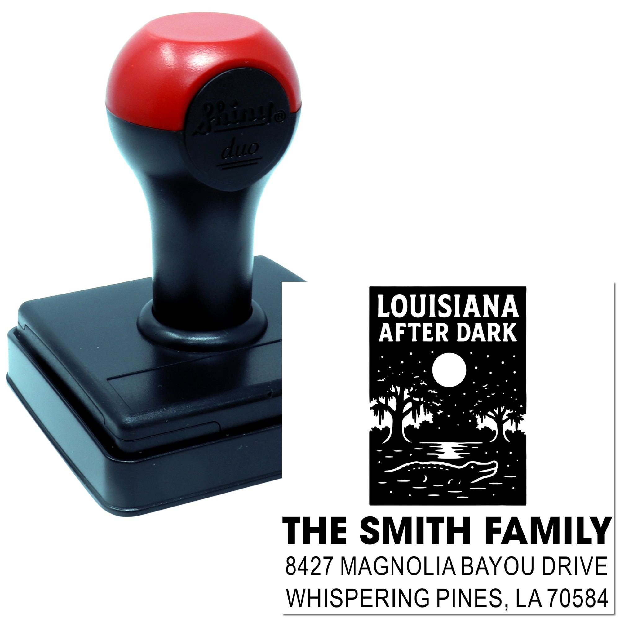 Custom self-inking rubber address stamp for The Smith Family, featuring Louisiana After Dark return-address design.