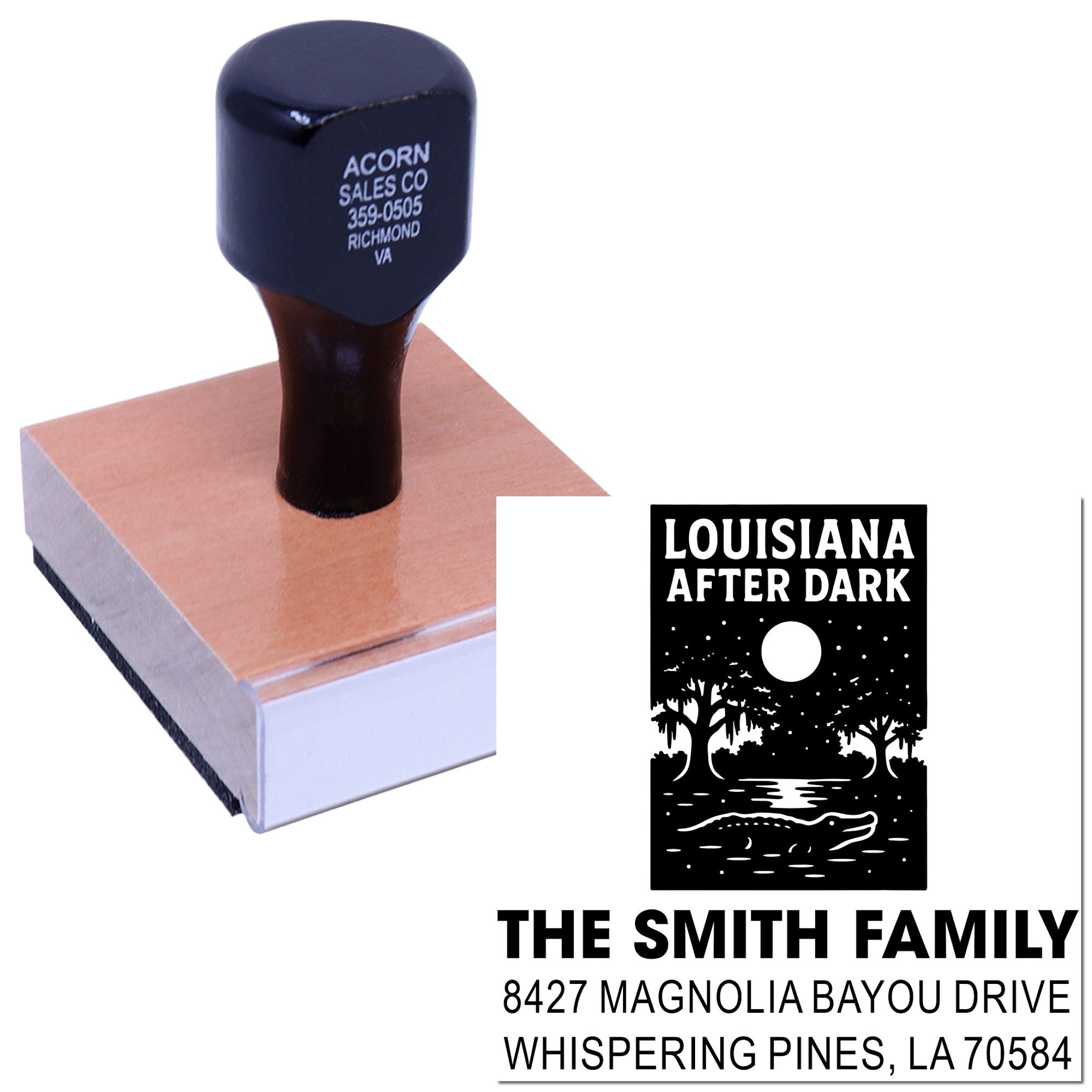 Custom family return address rubber stamp with Louisiana After Dark design for personalized mailings.